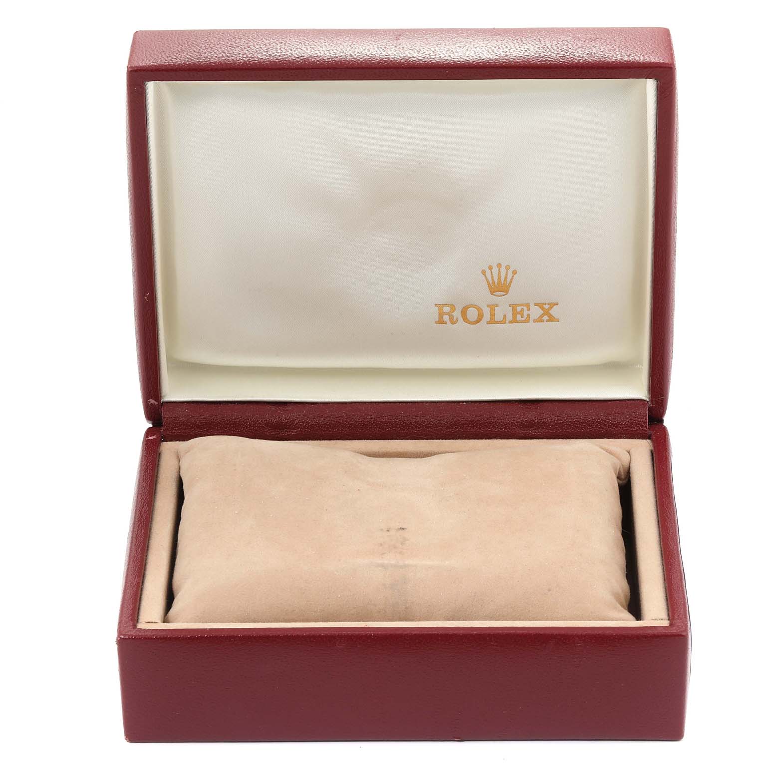 The image shows an open, empty Rolex watch box for the Oyster Perpetual model, displaying its interior.