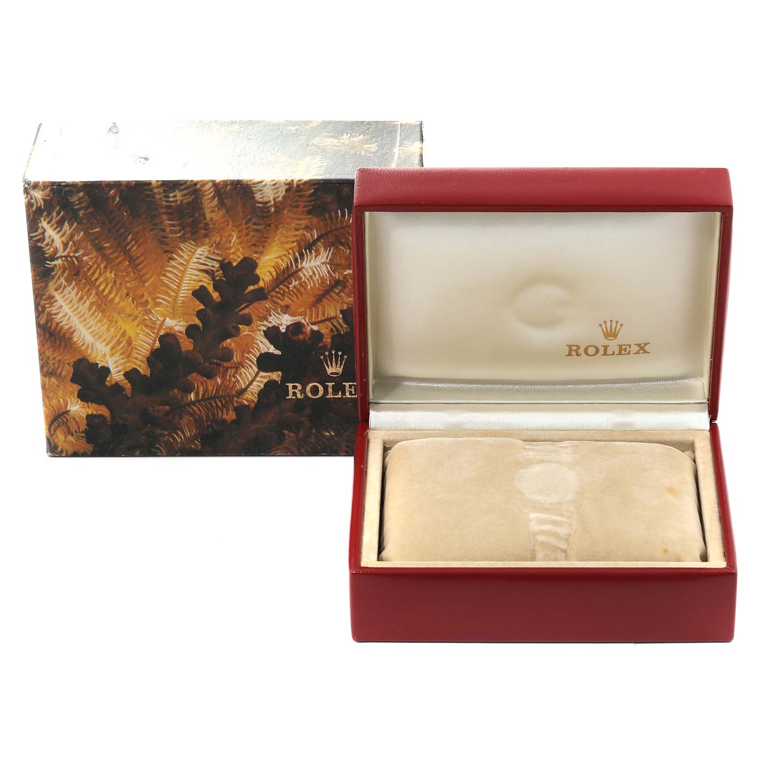 The image shows an open Rolex President 69178 Women's Yellow Gold Champagne Dial 69178 Women's Yellow Gold Champagne Dial model watch box and its decorative outer box.