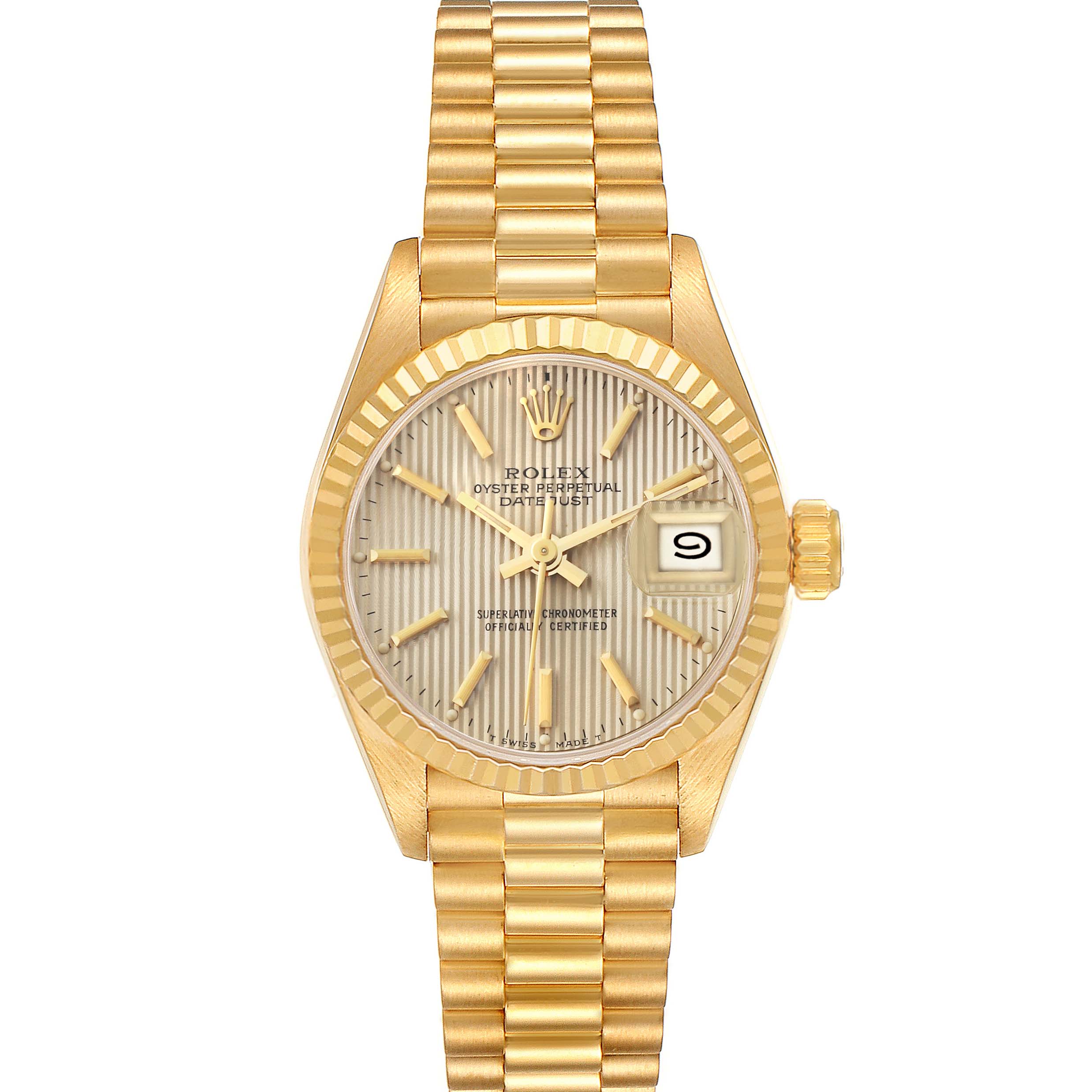 The image shows a front view of a Rolex Oyster Perpetual Datejust President model, highlighting its gold bracelet, bezel, and dial.