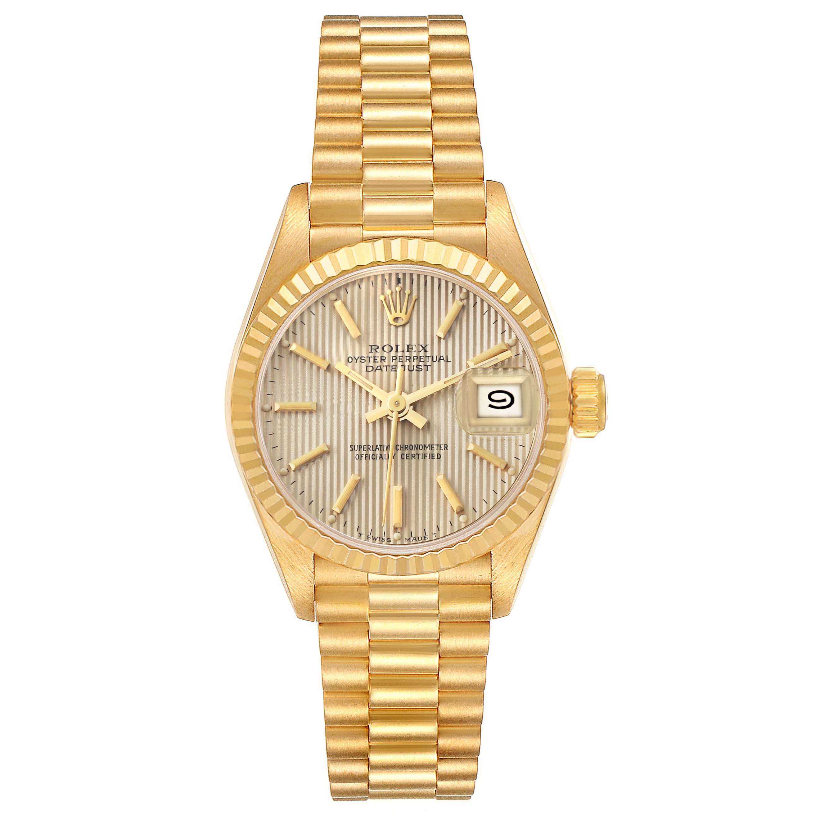 The image shows a front view of the Rolex President 69178 Women's Yellow Gold Champagne Dial 69178 Women's Yellow Gold Champagne Dial model watch, displaying its bracelet, face, and distinct date window.