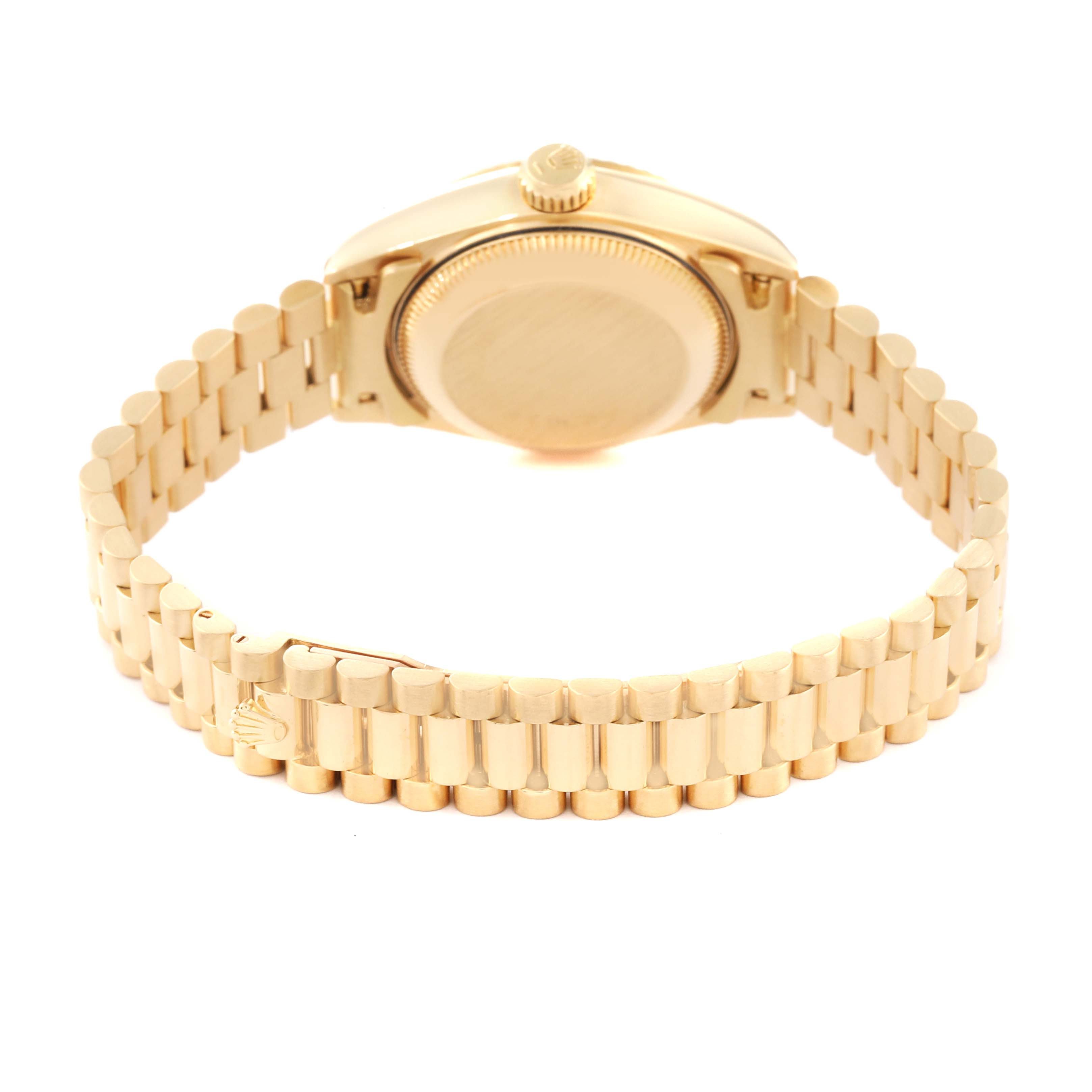 This image shows the back view of a Rolex President 69178 Women's Yellow Gold Champagne Dial 69178 Women's Yellow Gold Champagne Dial model watch, displaying its case back and signature bracelet.