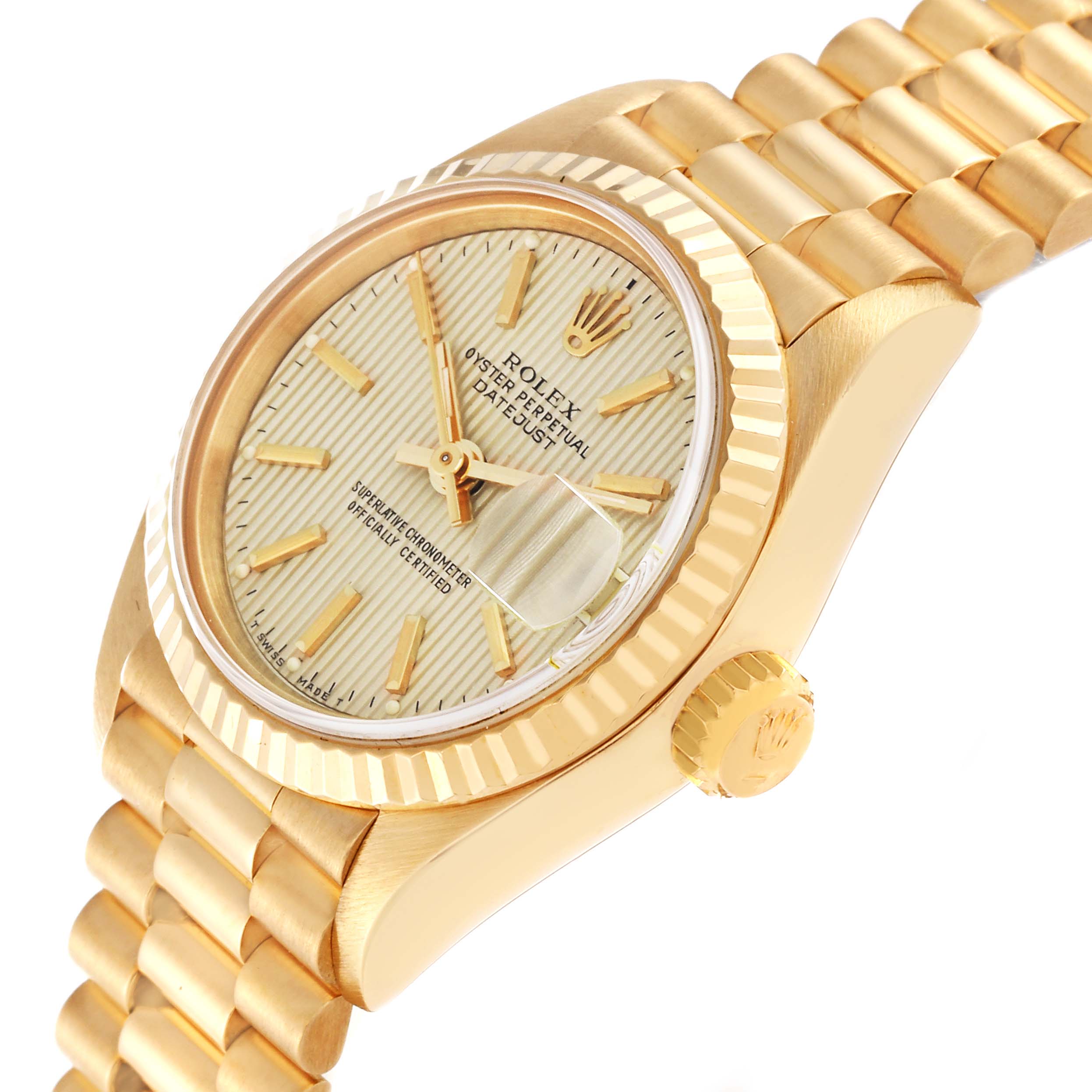 The image shows a Rolex President 69178 Women's Yellow Gold Champagne Dial 69178 Women's Yellow Gold Champagne Dial model watch at a slight angle, highlighting its dial, crown, bracelet, and fluted bezel.