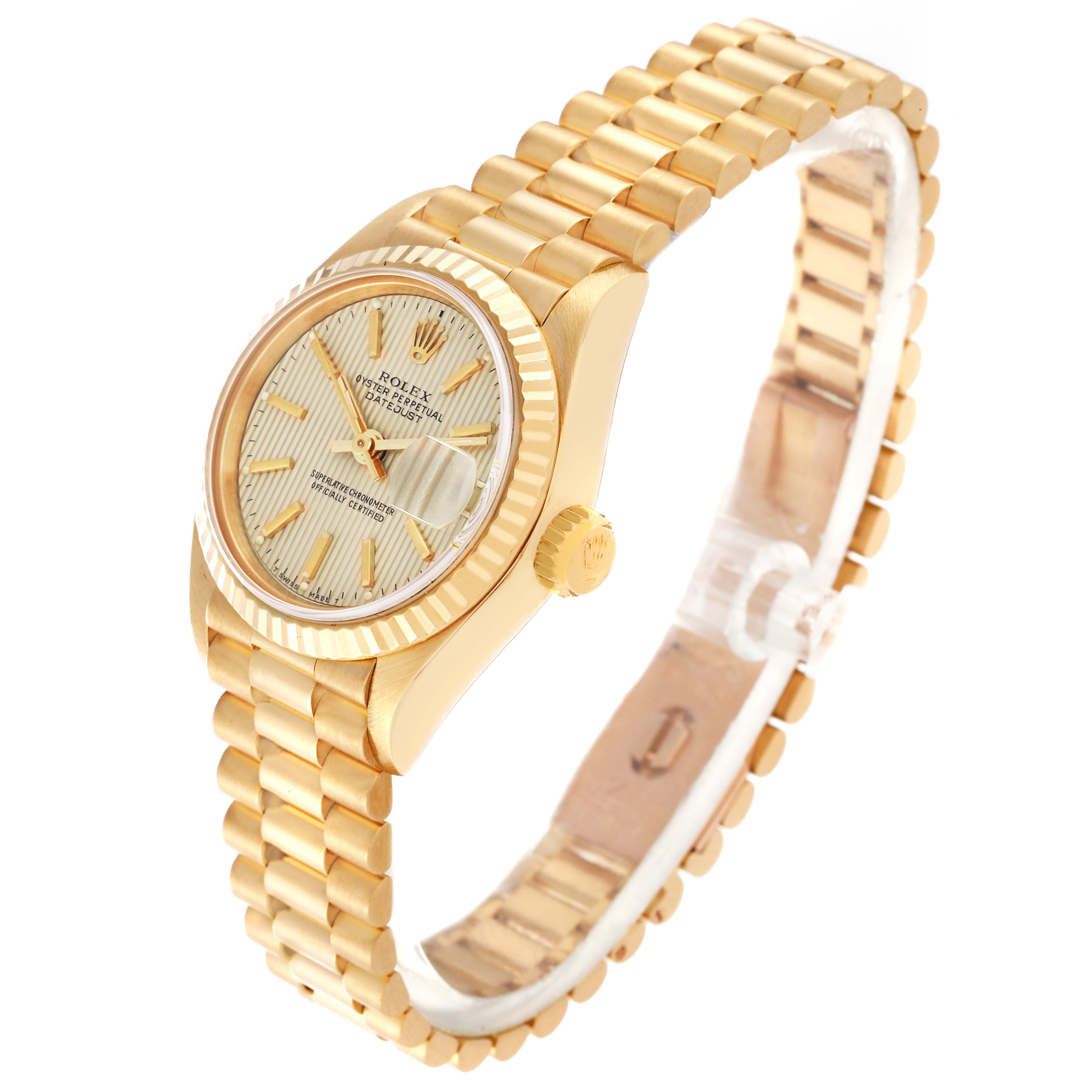 The image shows a Rolex President 69178 Women's Yellow Gold Champagne Dial 69178 Women's Yellow Gold Champagne Dial model watch from an angled side view, highlighting the dial, bezel, crown, and bracelet.