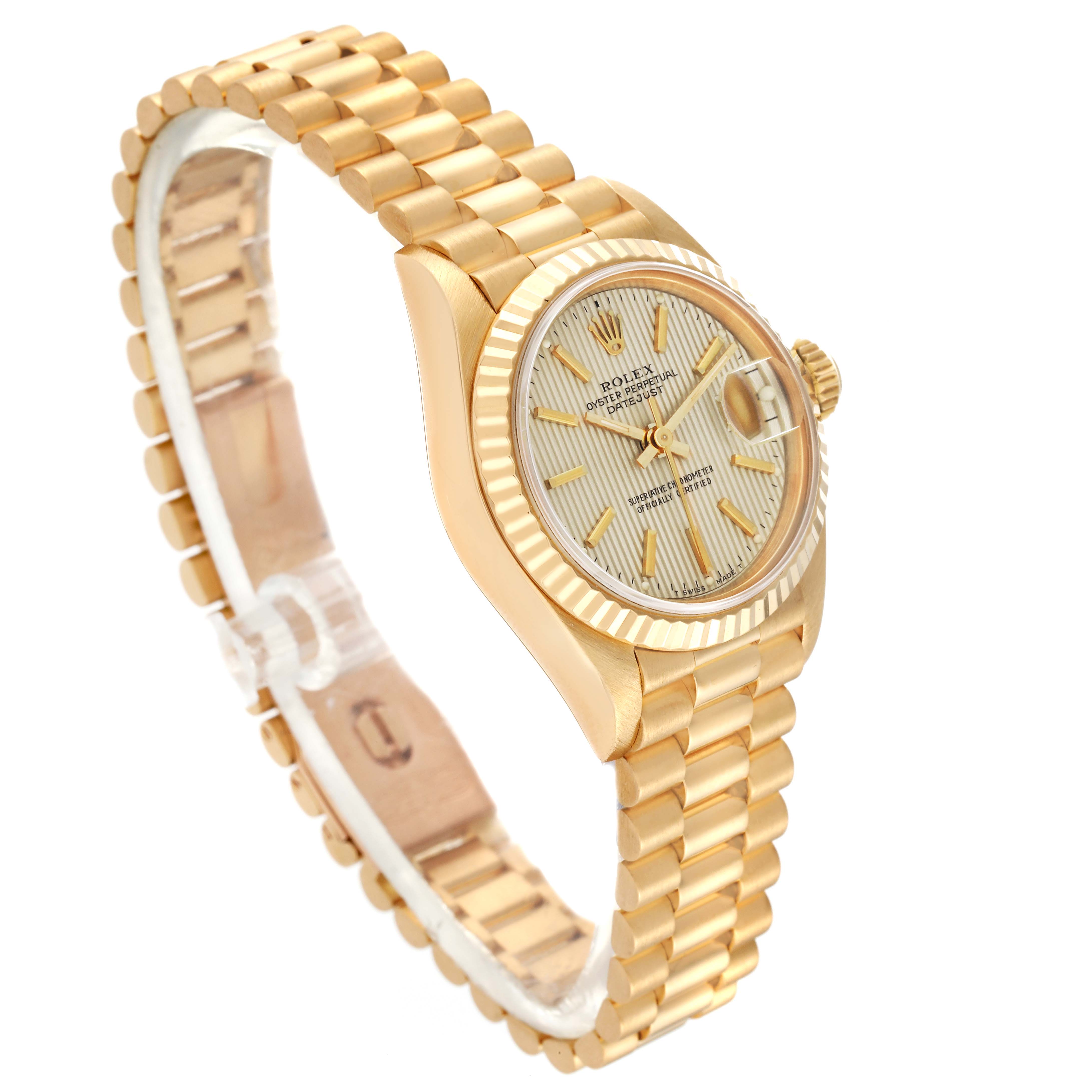 The image shows a side-angle view of a Rolex President 69178 Women's Yellow Gold Champagne Dial 69178 Women's Yellow Gold Champagne Dial model watch, highlighting the gold bracelet, case, and face.