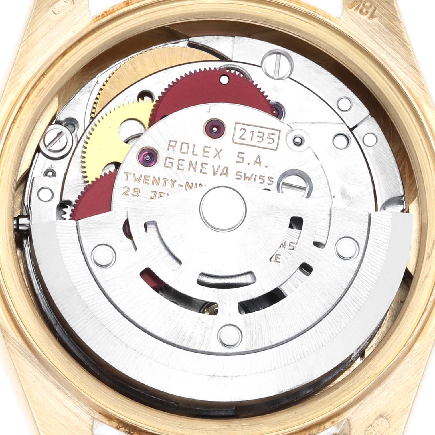 This image shows the internal mechanism and movement of a Rolex President 69178 Women's Yellow Gold Champagne Dial 69178 Women's Yellow Gold Champagne Dial model watch from a close-up angle.