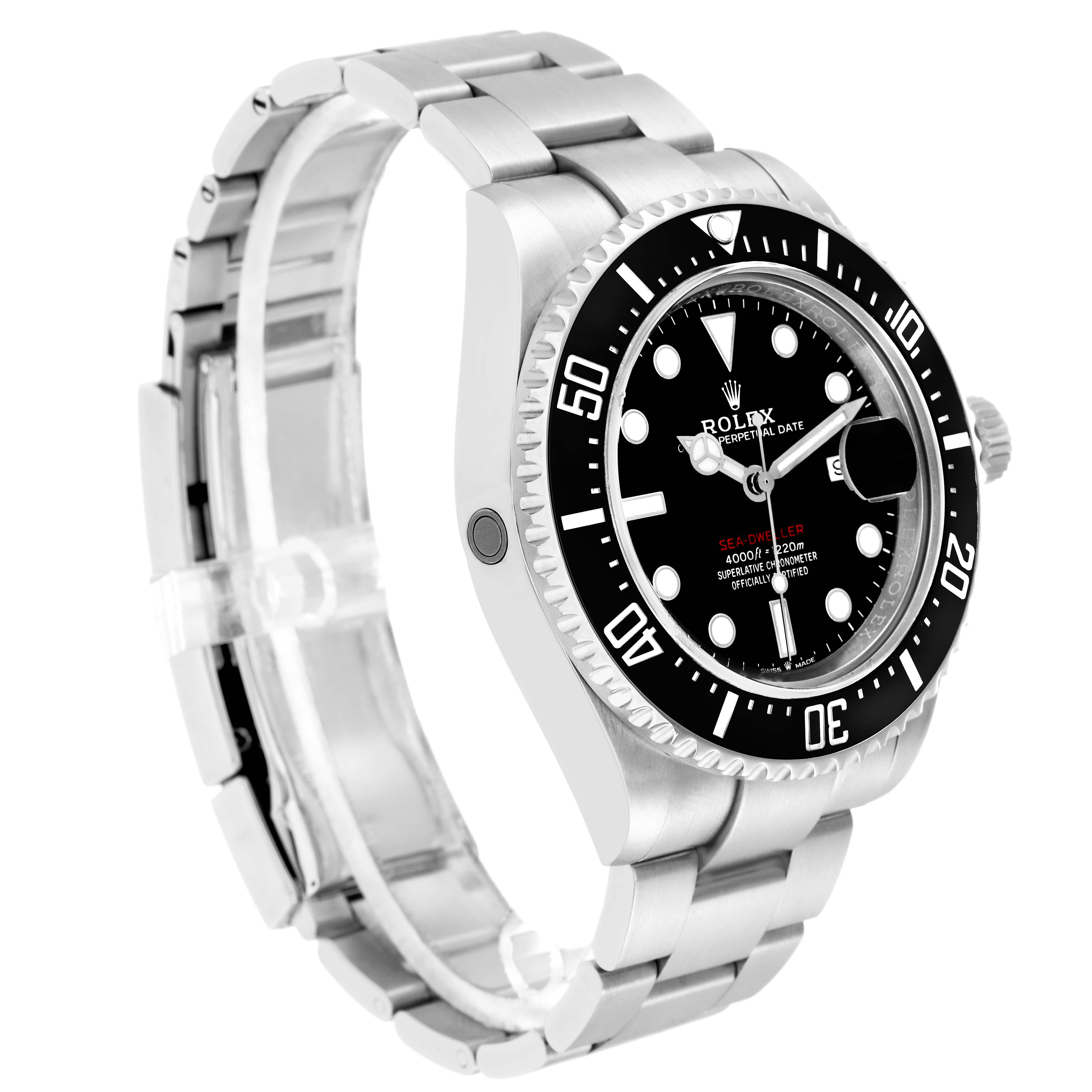 The image shows a Rolex Sea-Dweller model 126600 from a right-side angle, highlighting the bezel, dial, crown, and bracelet.