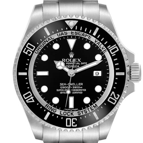 The image shows a front view of the Rolex Sea-Dweller watch, highlighting the black dial, luminous markers, and bezel details.