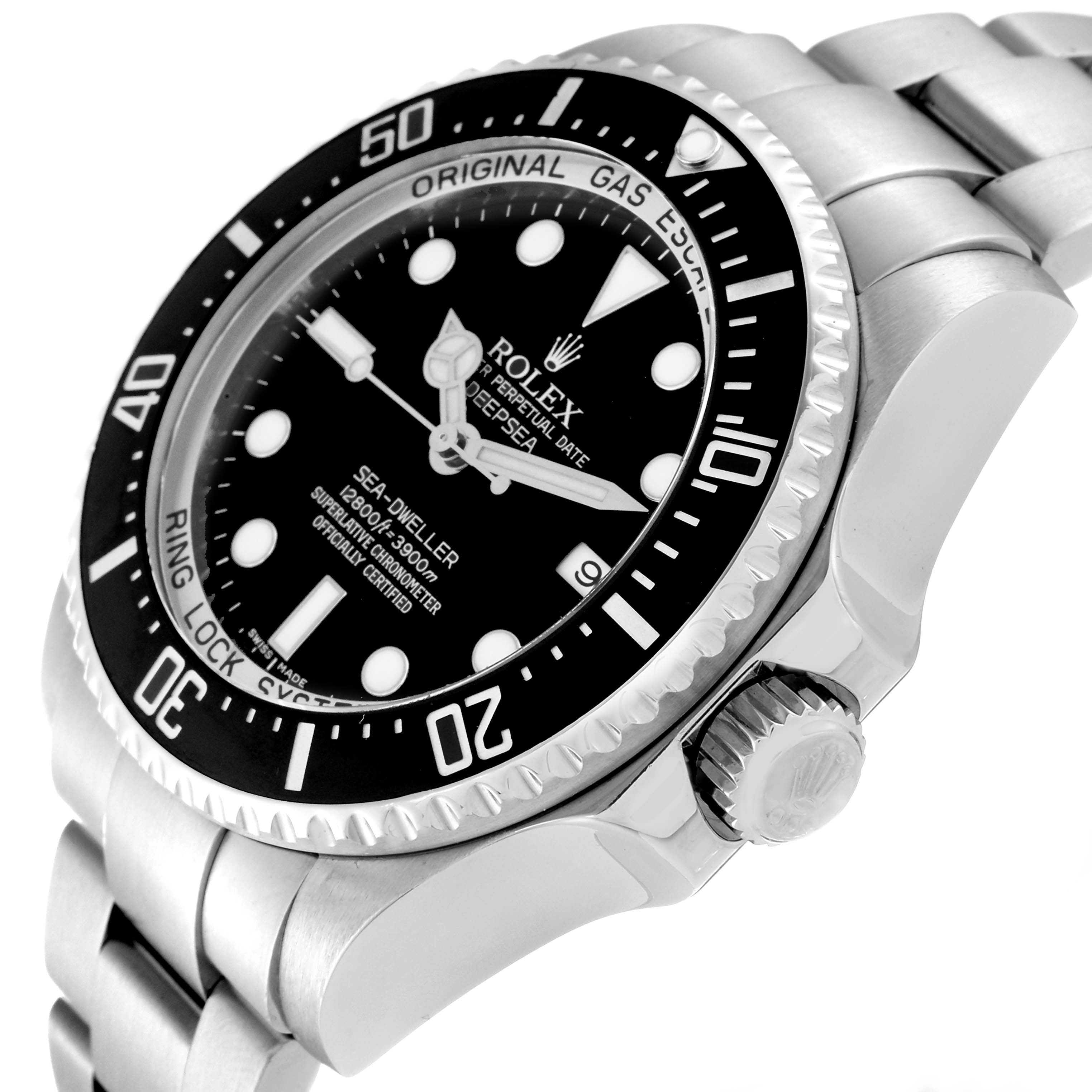 This image shows a side-angle view of the Rolex Sea-Dweller 116660 Men
s Stainless Steel Black Dial 116660 Men
s Stainless Steel Black Dial watch, focusing on the dial, bezel, and crown.