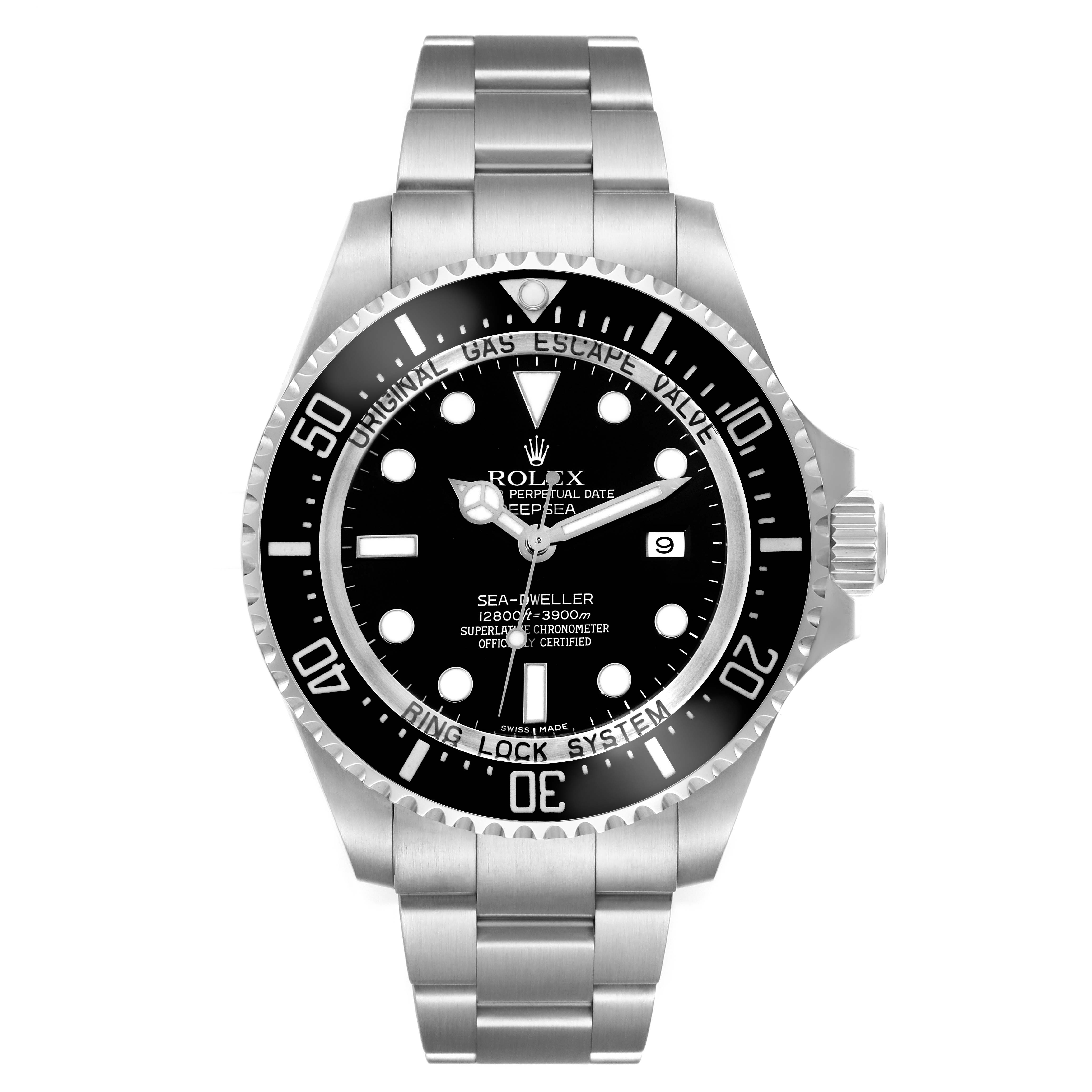 The image shows a front view of a Rolex Sea-Dweller 116660 Men
s Stainless Steel Black Dial 116660 Men
s Stainless Steel Black Dial watch, highlighting its dial, bezel, and bracelet.