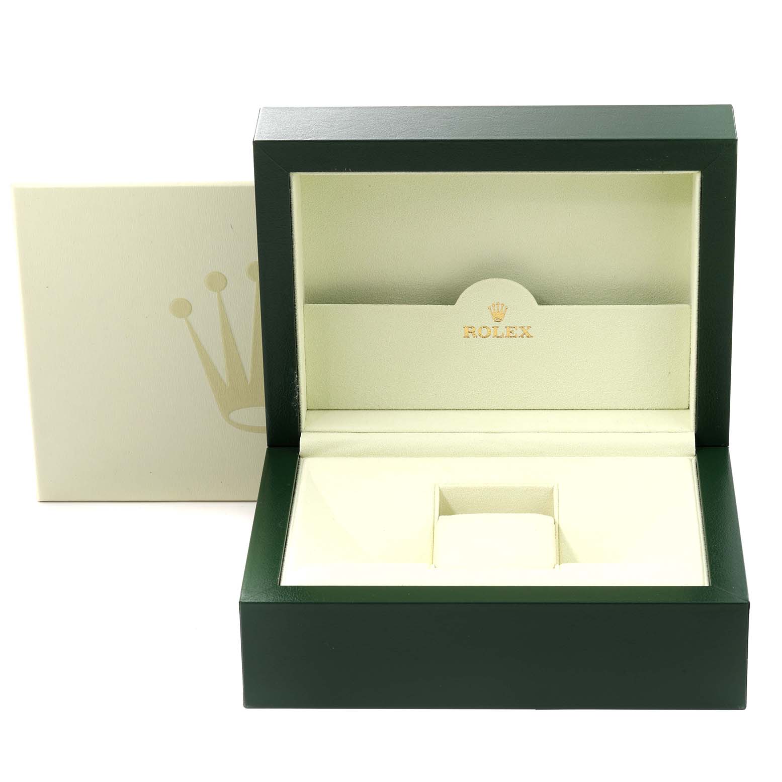 This image shows an open watch box for a Rolex Sea-Dweller 116660 Men
s Stainless Steel Black Dial 116660 Men
s Stainless Steel Black Dial, displaying its interior and the box
s emblem.