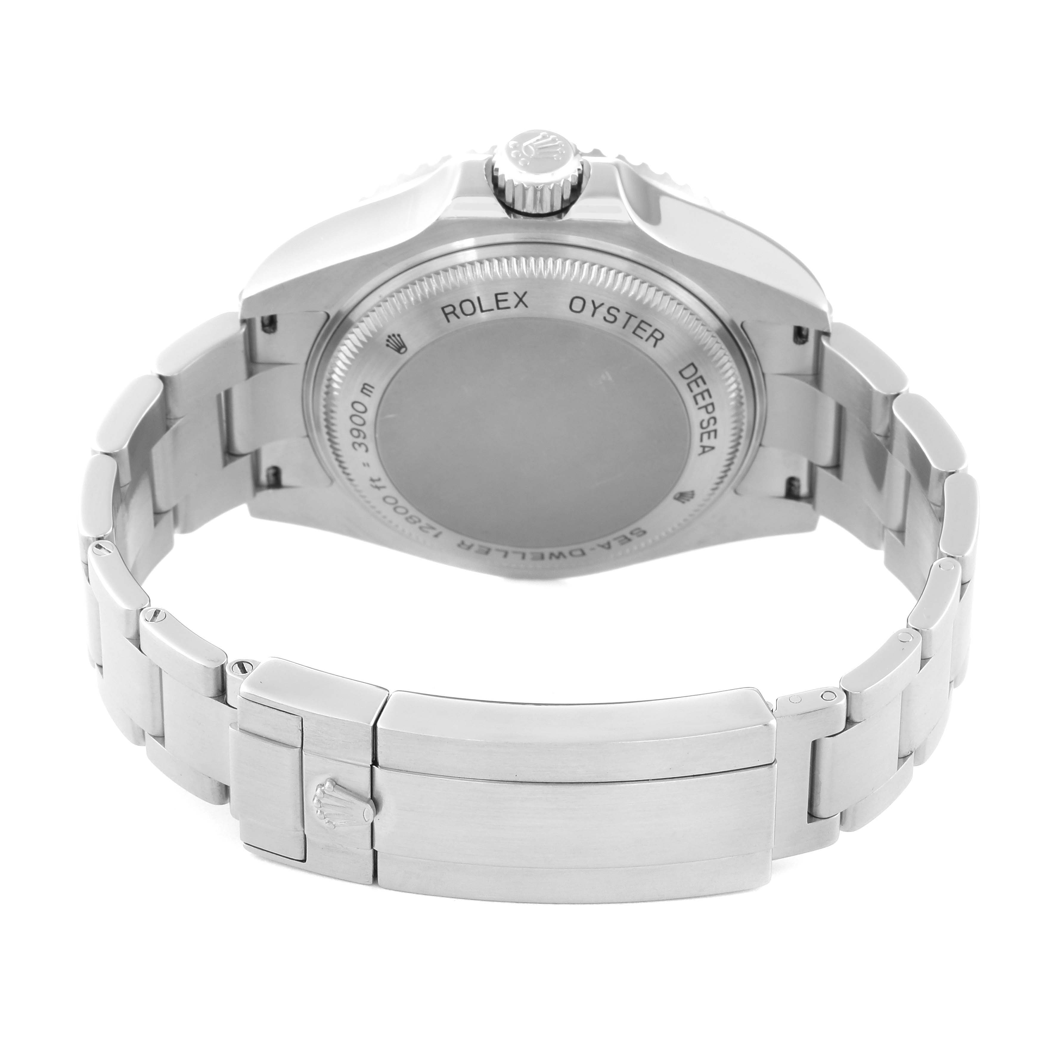 The image shows a rear view of the Rolex Sea-Dweller 116660 Men
s Stainless Steel Black Dial 116660 Men
s Stainless Steel Black Dial watch, highlighting its bracelet, clasp, case back, and winding crown.