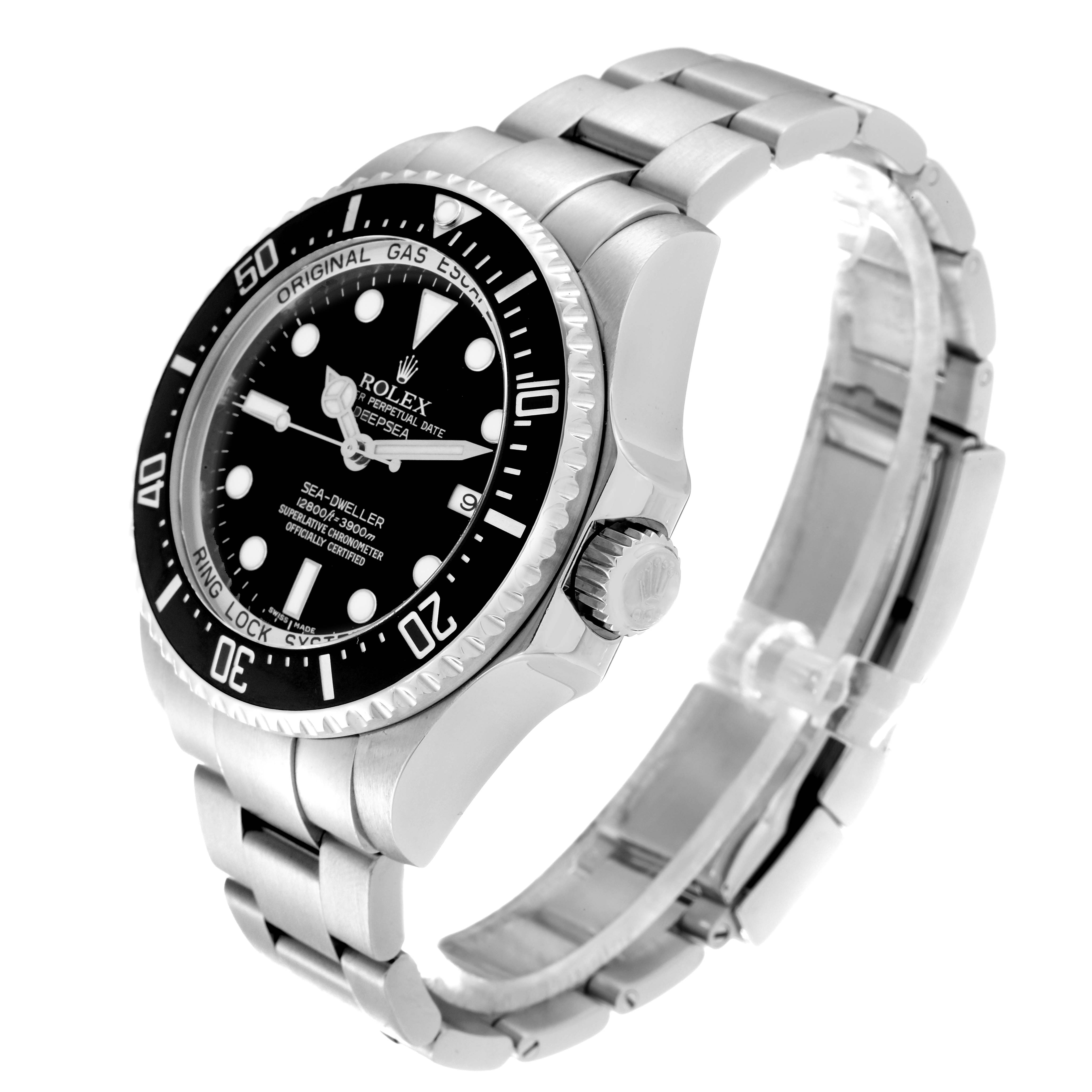 The image shows a Rolex Sea-Dweller 116660 Men
s Stainless Steel Black Dial 116660 Men
s Stainless Steel Black Dial watch at a three-quarter angle, highlighting the bezel, crown, and metal bracelet.