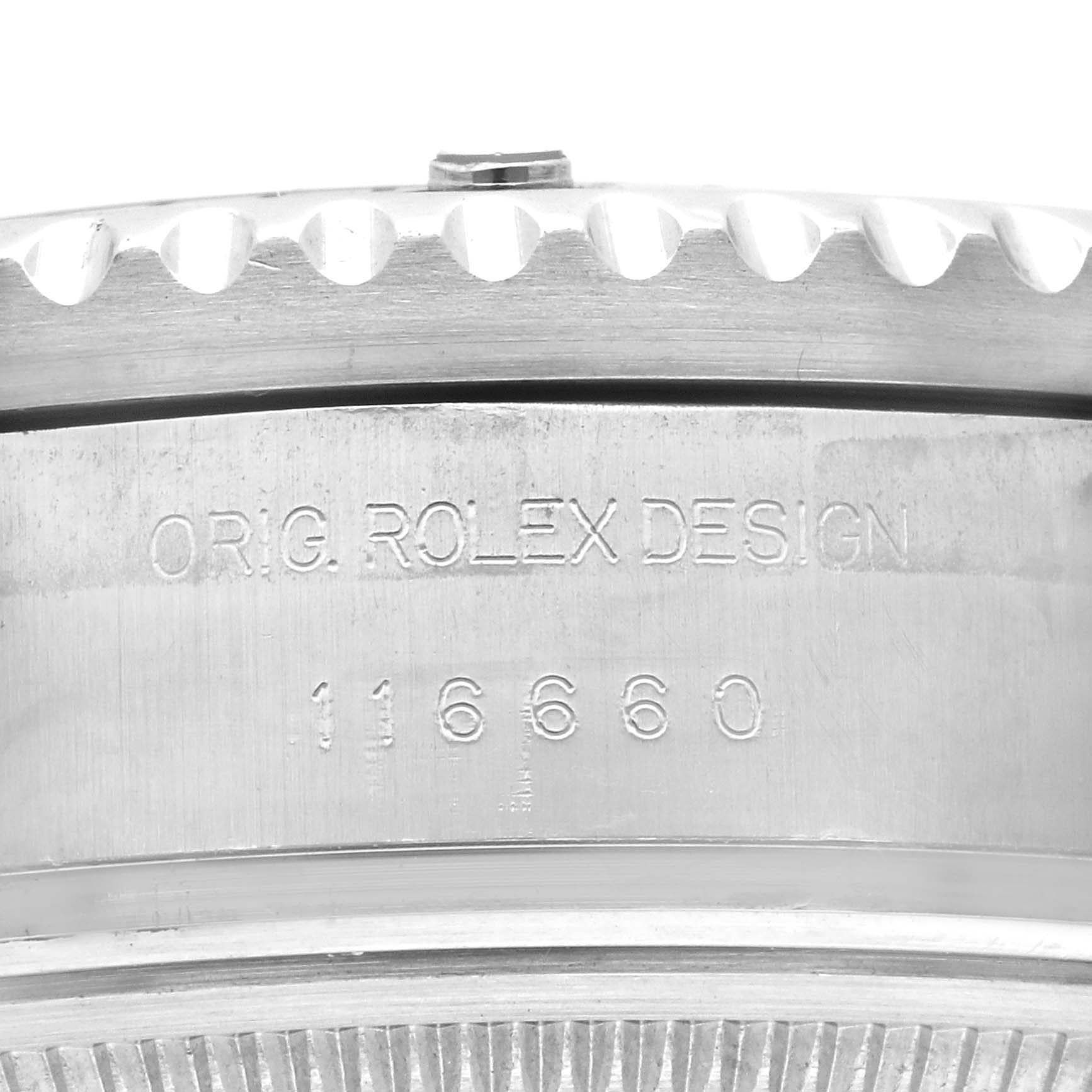 The image shows a close-up of the side engraving on the case of a Rolex Sea-Dweller 116660 Men
s Stainless Steel Black Dial 116660 Men
s Stainless Steel Black Dial model.