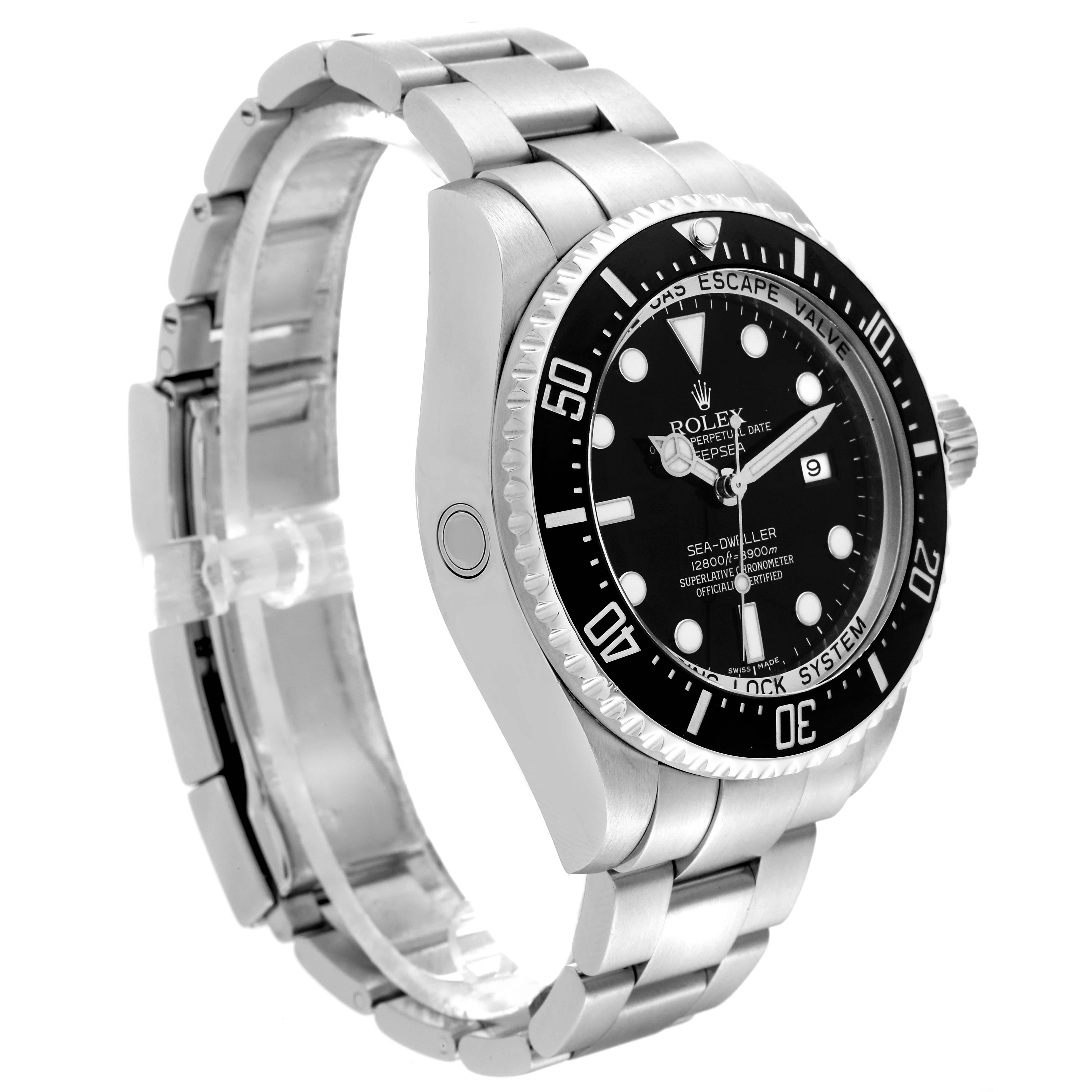 This is a side angle view of the Rolex Sea-Dweller 116660 Men
s Stainless Steel Black Dial 116660 Men
s Stainless Steel Black Dial, showing the watch face, bezel, crown, and metal bracelet.