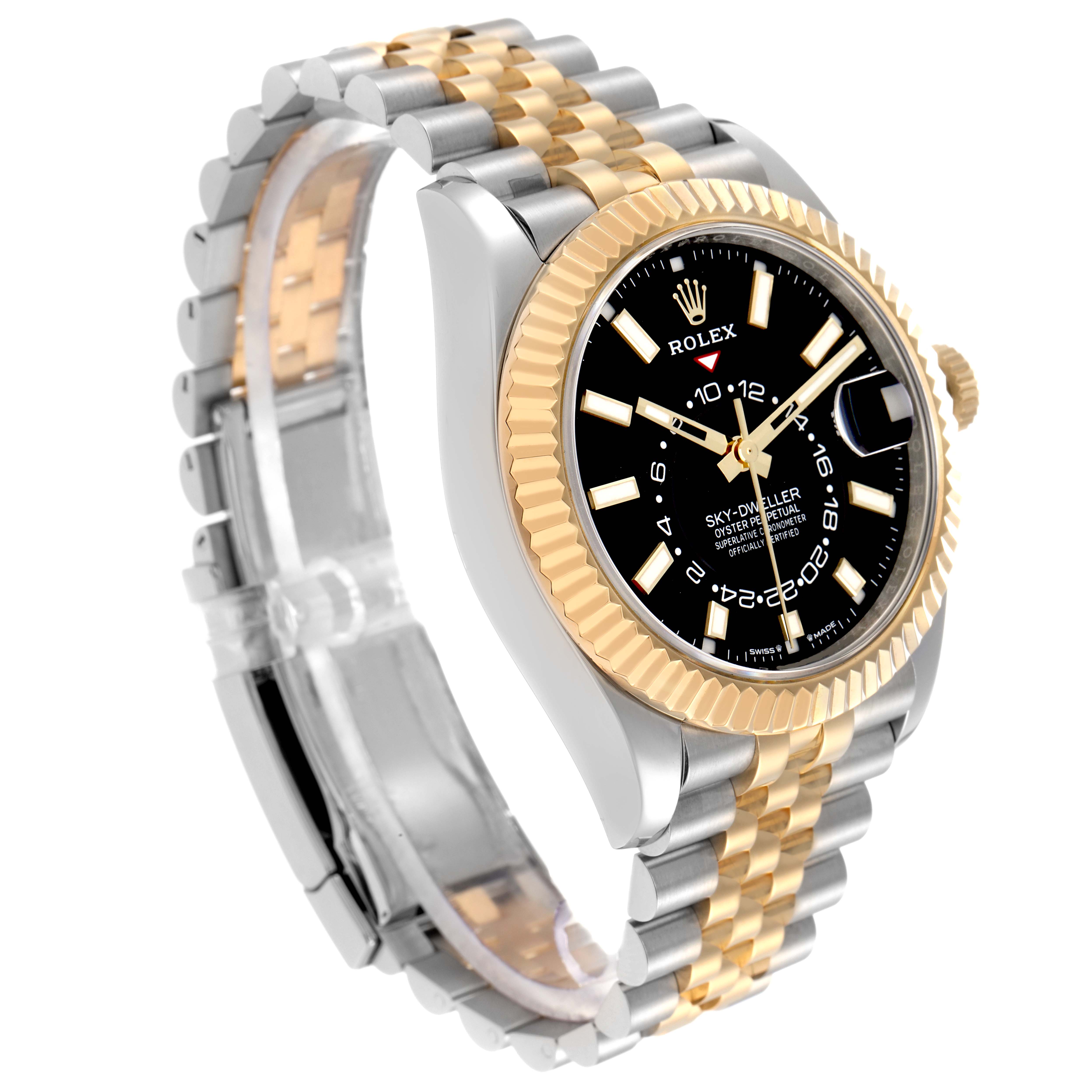 The Rolex Sky-Dweller model 336933 is shown at a three-quarter angle, highlighting the two-tone bracelet, fluted bezel, black dial, and crown.