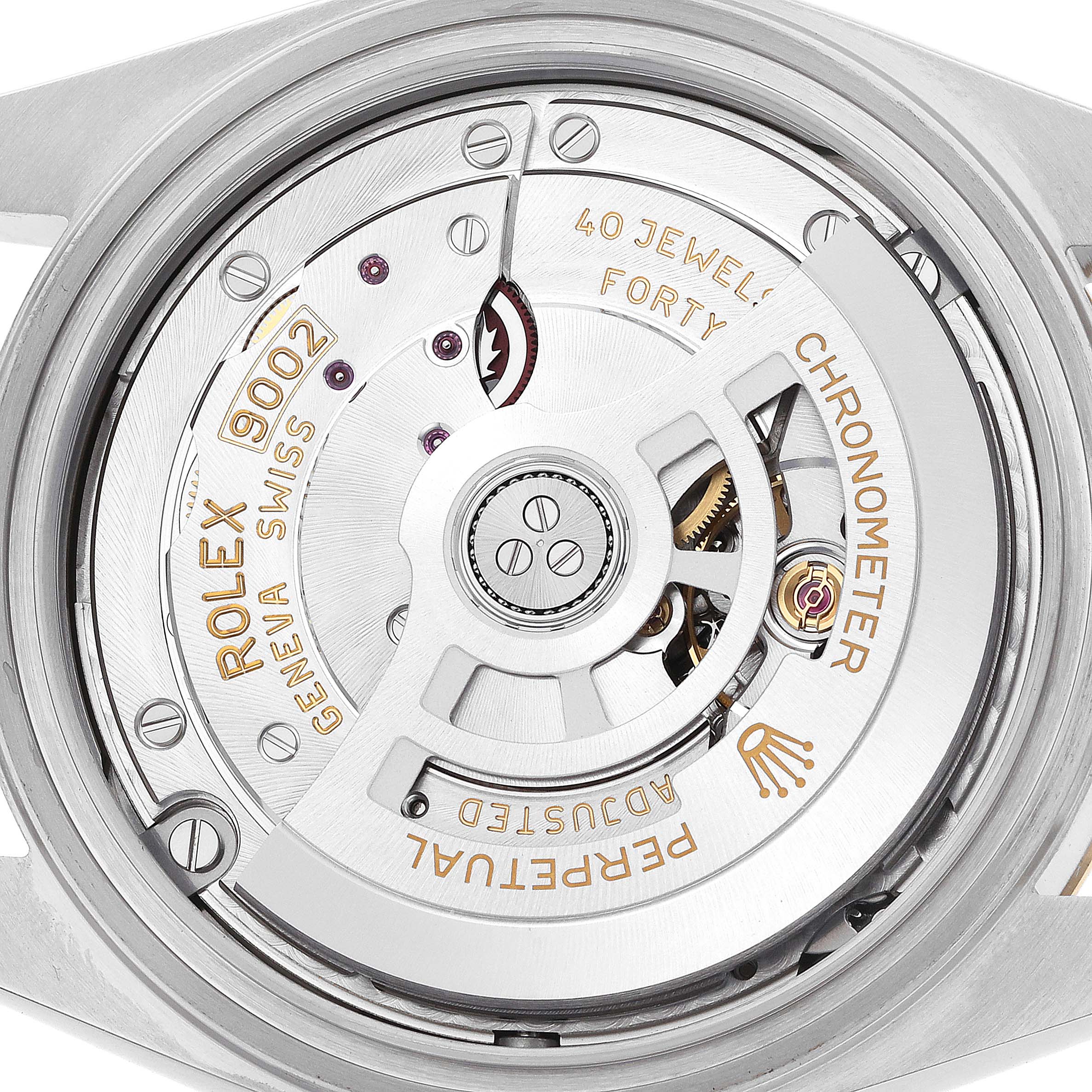 This image shows a close-up of the Rolex Sky-Dweller model 336933
s movement, highlighting the rotor, balance wheel, and "40 JEWEL" engraving.