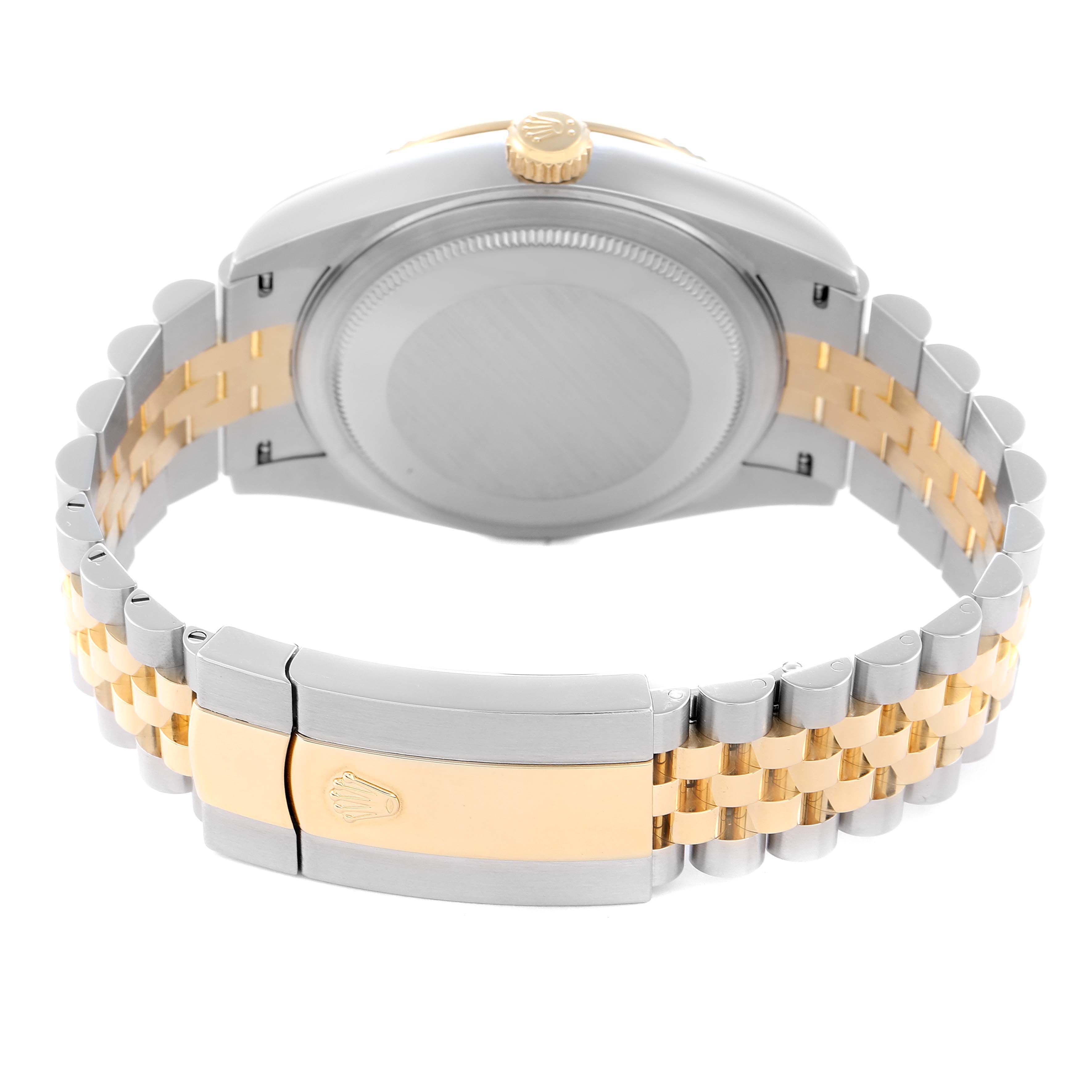 The image shows the back and clasp of a Rolex Sky-Dweller model 336933 men
s watch, featuring a two-tone metal bracelet.