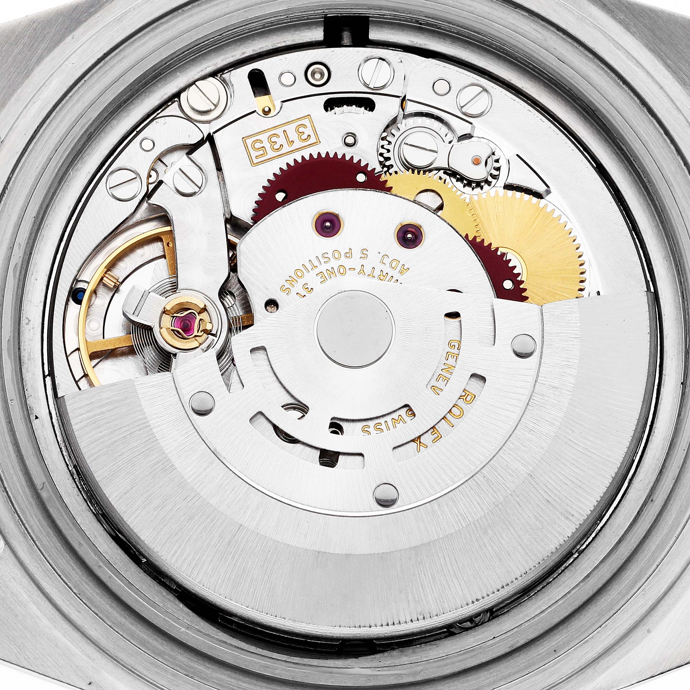 This image shows a close-up of the internal movement of a Rolex Submariner 16613 Men's Steel and Gold (two tone) Blue Dial 16613 Men's Steel and Gold (two tone) Blue Dial watch.