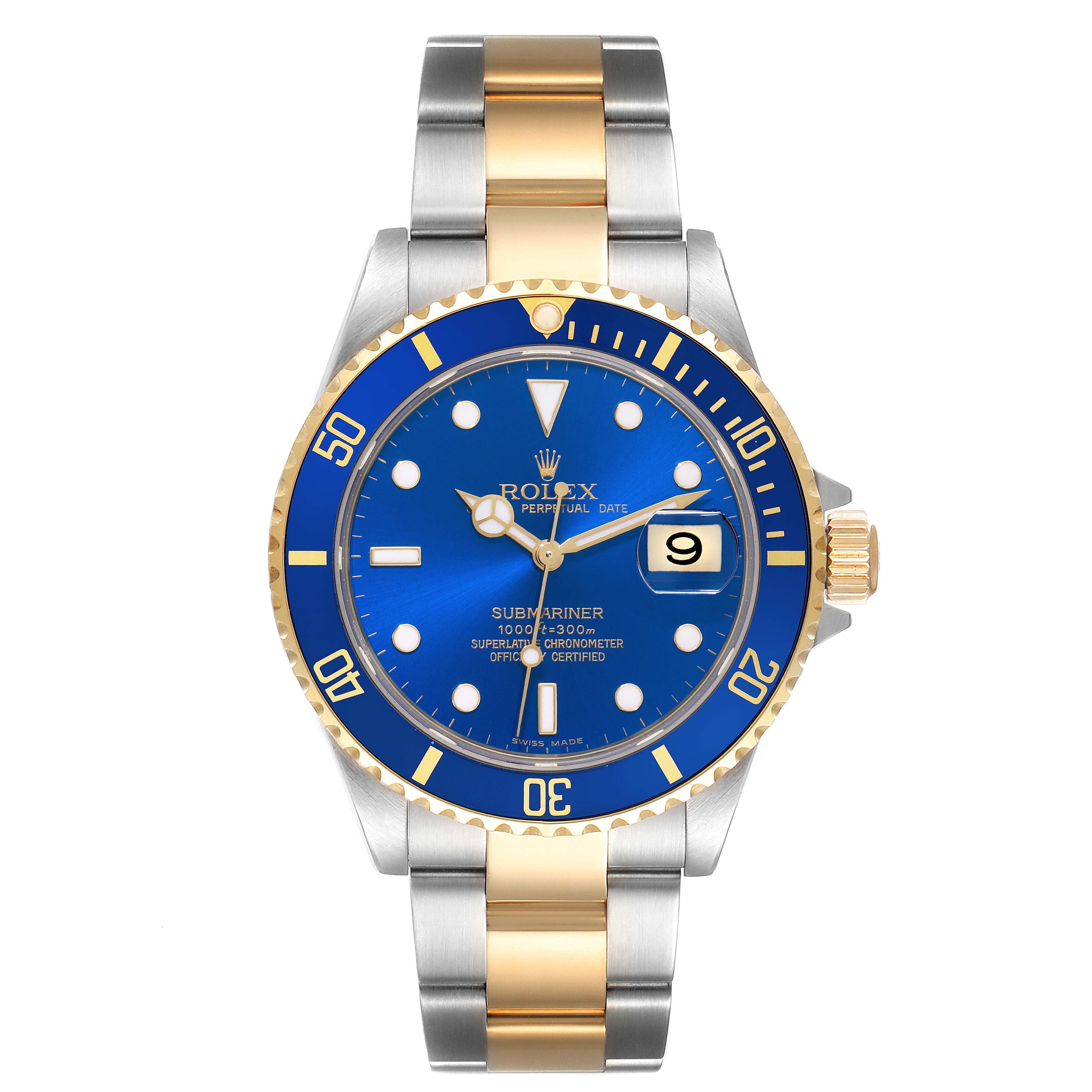 The Rolex Submariner 16613 Men's Steel and Gold (two tone) Blue Dial 16613 Men's Steel and Gold (two tone) Blue Dial is shown from a front angle, highlighting the face, bezel, and bracelet.