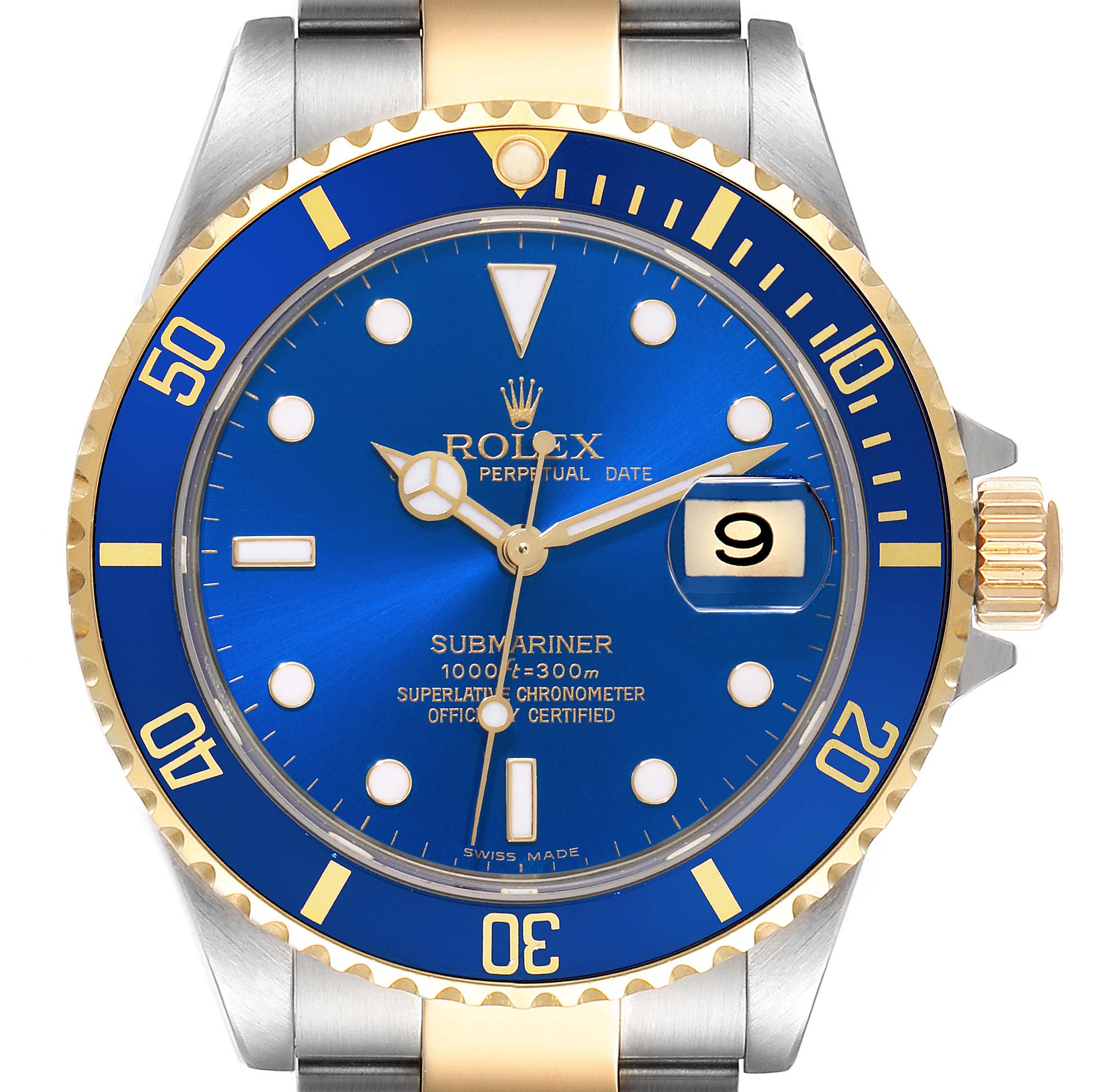 The image shows a front view of the Rolex Submariner 16613 Men's Steel and Gold (two tone) Blue Dial 16613 Men's Steel and Gold (two tone) Blue Dial watch, highlighting the blue dial, date window, and gold and stainless steel bezel and band.