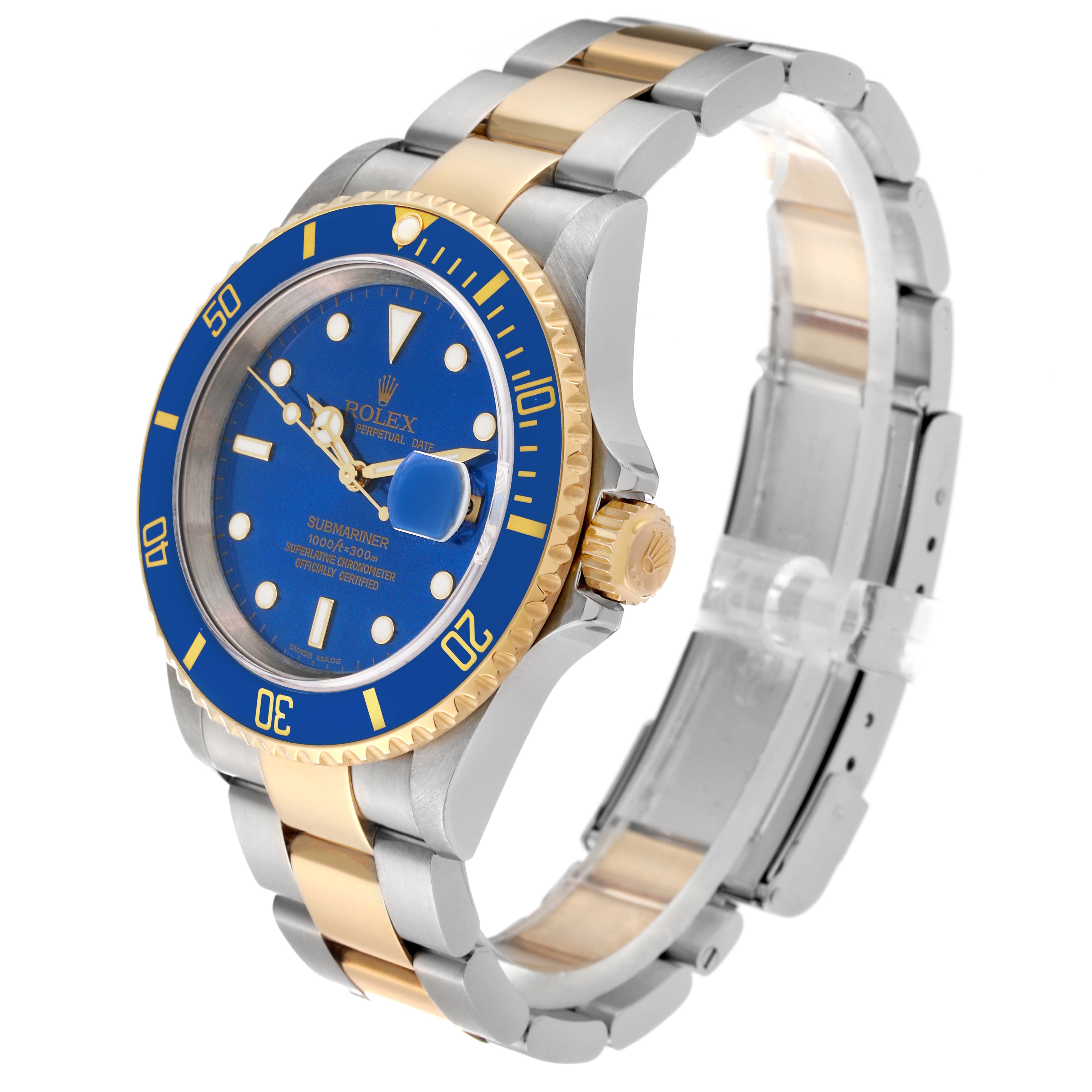 This image shows a Rolex Submariner 16613 Men's Steel and Gold (two tone) Blue Dial 16613 Men's Steel and Gold (two tone) Blue Dial watch angled slightly from the side, displaying its bezel, dial, case, and bracelet.