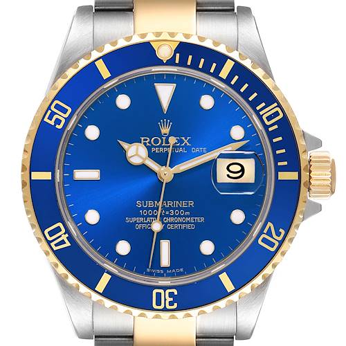 This image shows a front view of the Rolex Submariner watch, highlighting the blue dial, bezel, and gold accents.