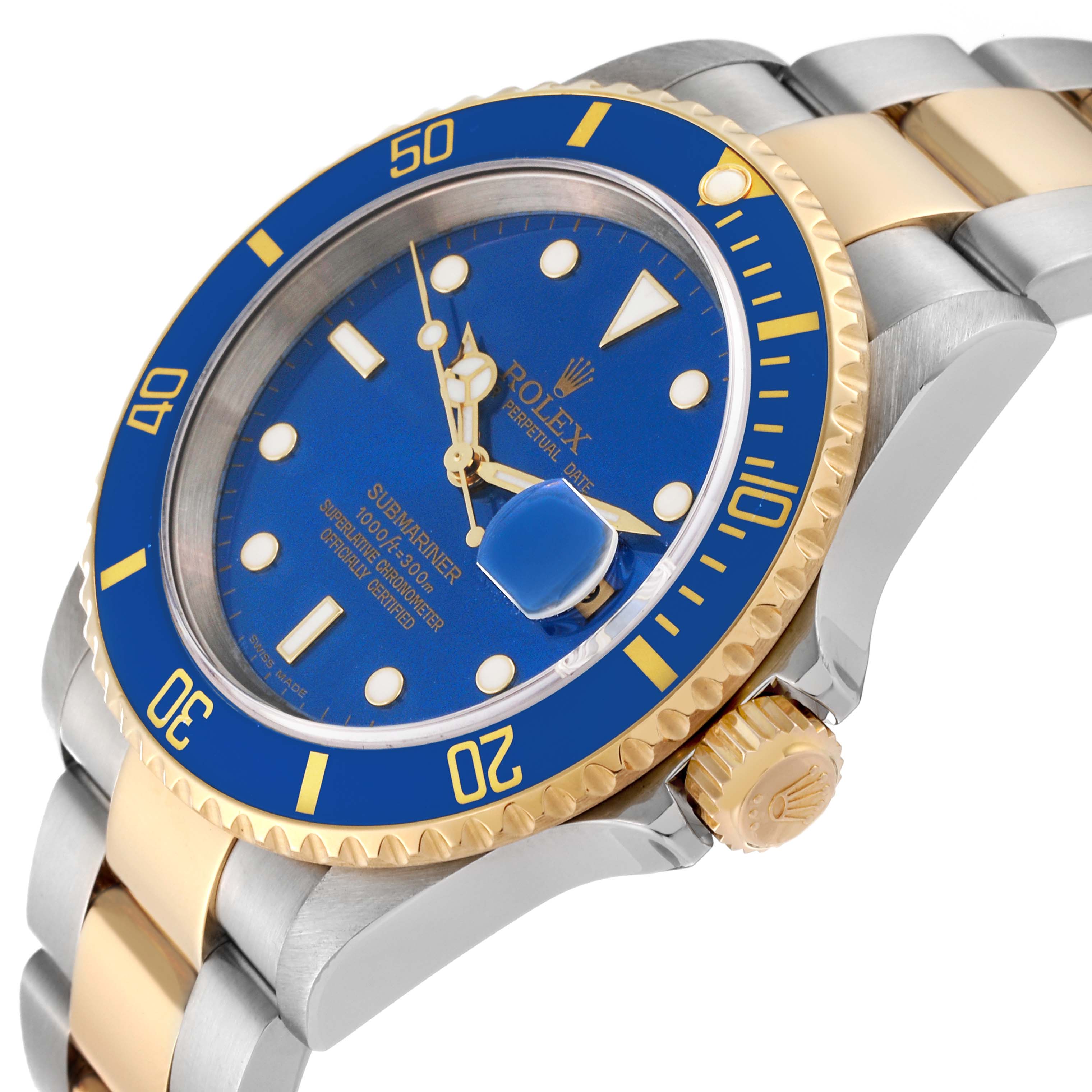 The image shows a close-up angled view of the Rolex Submariner 16613 Men's Steel and Gold (two tone) Blue Dial 16613 Men's Steel and Gold (two tone) Blue Dial watch, highlighting its blue dial, bezel, and two-tone bracelet.