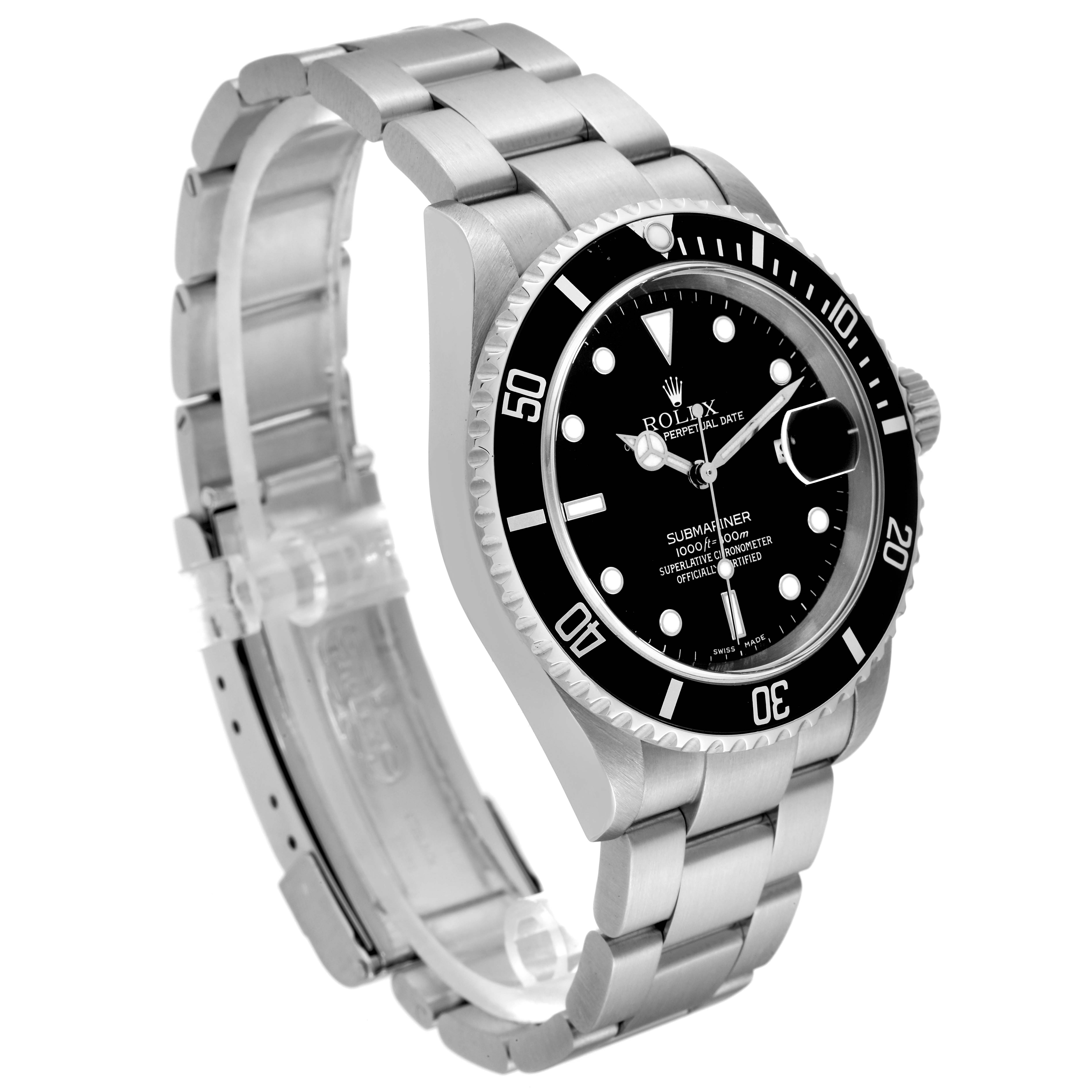 The Rolex Submariner 16610 Men
s Stainless Steel Black Dial 16610 Men
s Stainless Steel Black Dial watch is shown at a three-quarter view, showcasing the face, bezel, crown, and a portion of the bracelet.