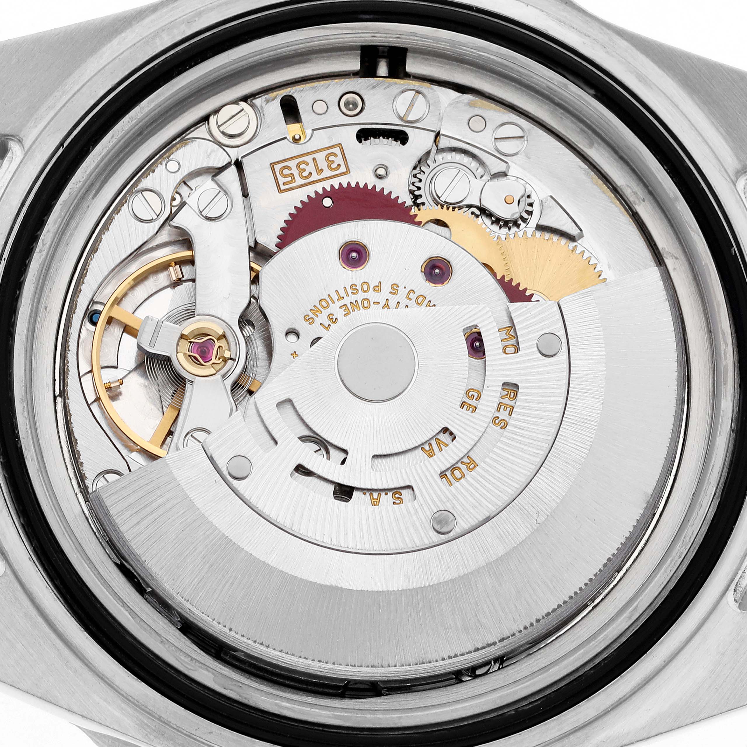 This image shows a close-up view of the internal mechanism of a Rolex Submariner 16610 Men
s Stainless Steel Black Dial 16610 Men
s Stainless Steel Black Dial watch.