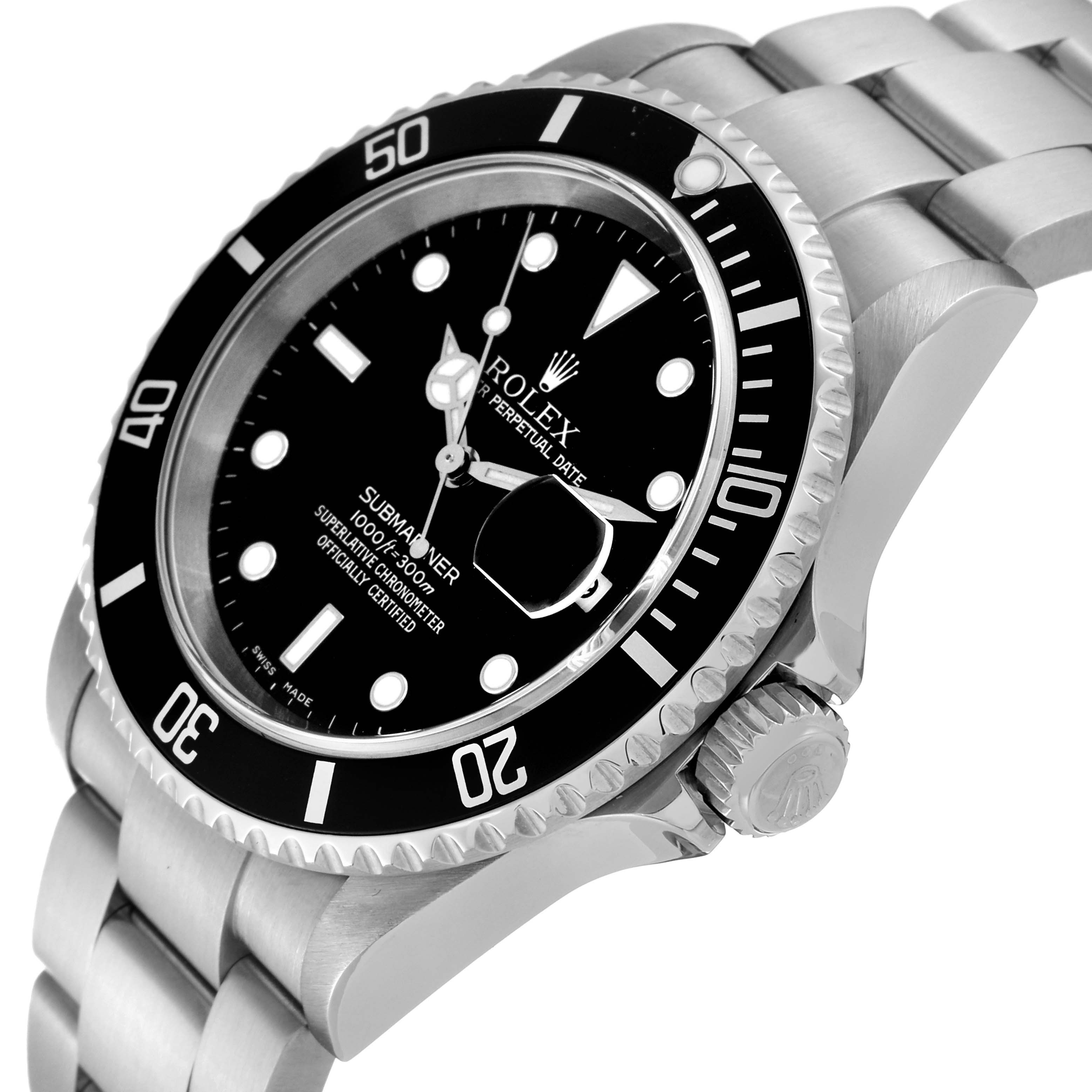 This image shows a Rolex Submariner 16610 Men
s Stainless Steel Black Dial 16610 Men
s Stainless Steel Black Dial watch from an angled side view, highlighting the dial, bezel, and bracelet.