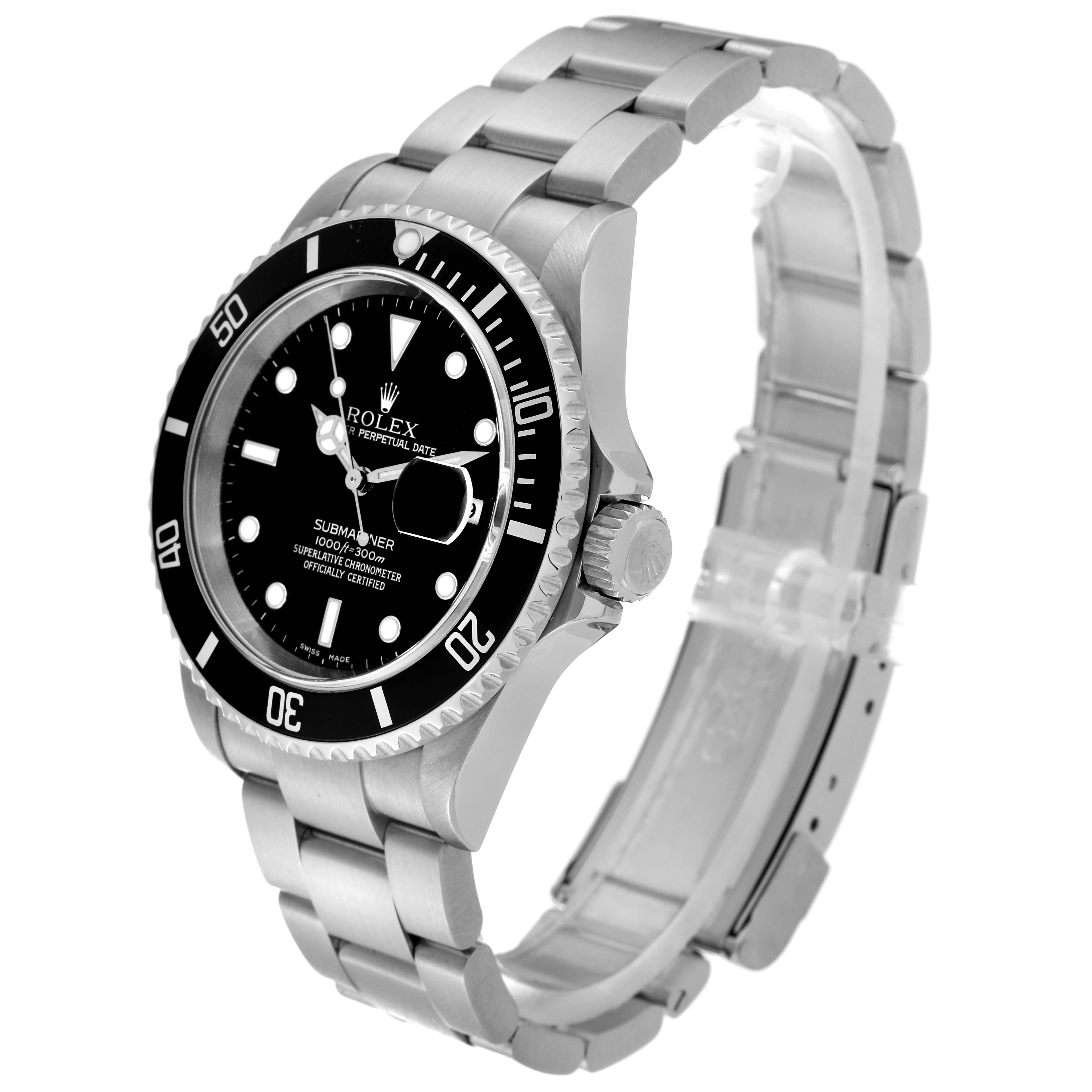The Rolex Submariner 16610 Men
s Stainless Steel Black Dial 16610 Men
s Stainless Steel Black Dial watch is shown at an angled side view, displaying the dial, bezel, crown, and bracelet.