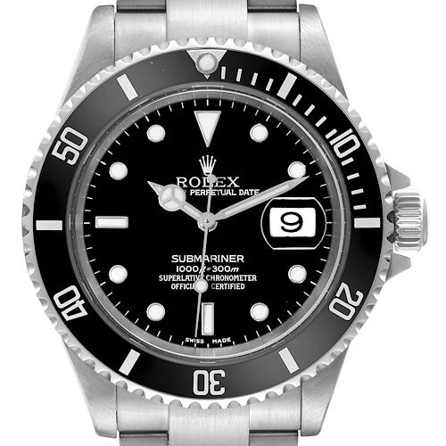 This image shows a front view of the Rolex Submariner watch, highlighting the dial, bezel, and crown.