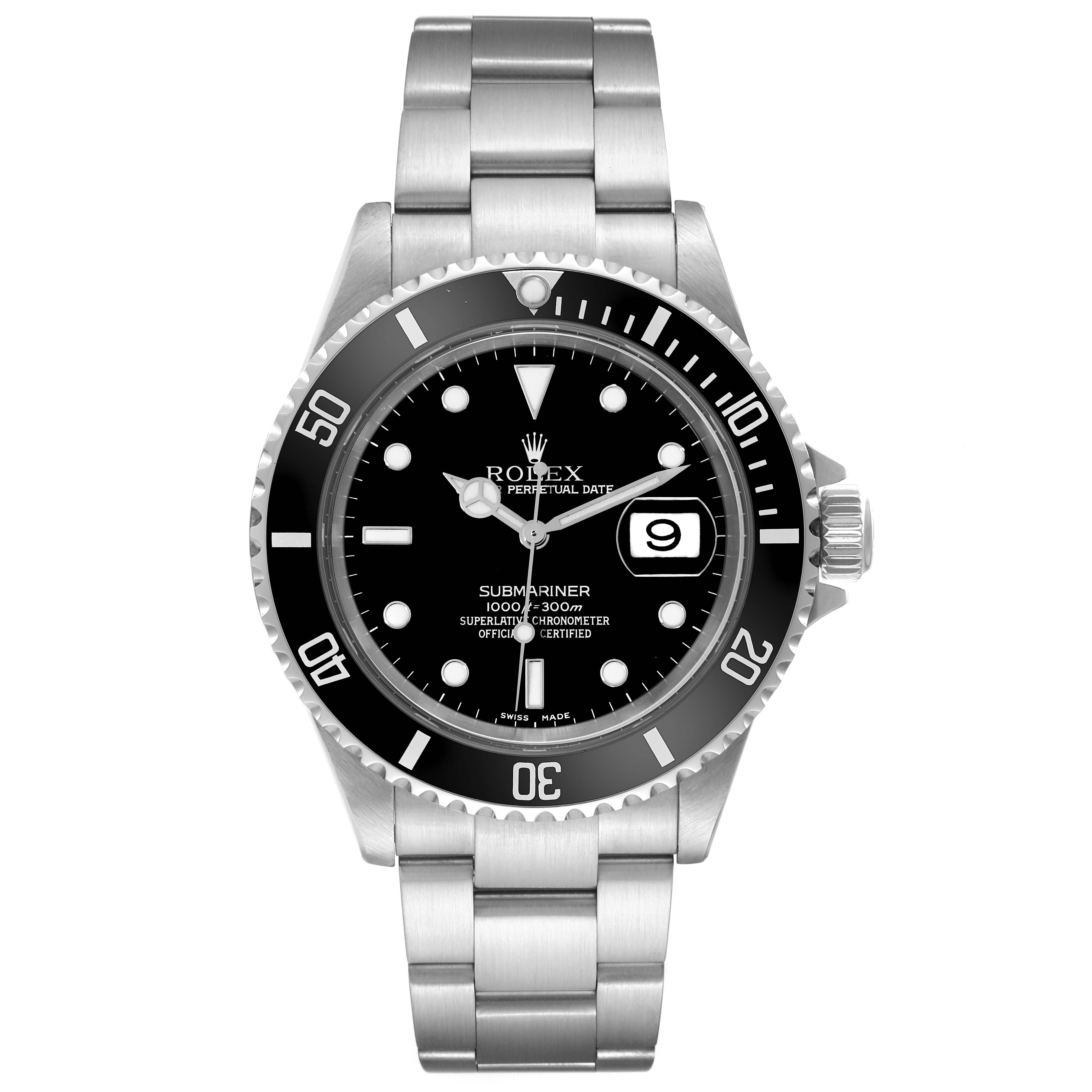 This image shows a front view of the Rolex Submariner 16610 Men
s Stainless Steel Black Dial 16610 Men
s Stainless Steel Black Dial watch, highlighting the dial, bezel, and bracelet.