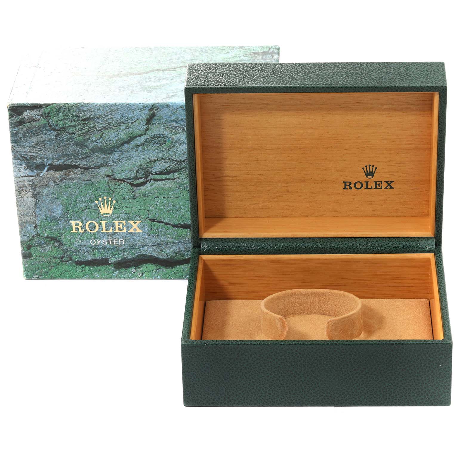 The image shows an open Rolex Submariner 16610 Men
s Stainless Steel Black Dial 16610 Men
s Stainless Steel Black Dial watch box with leather exterior and wooden interior, and its outer packaging.