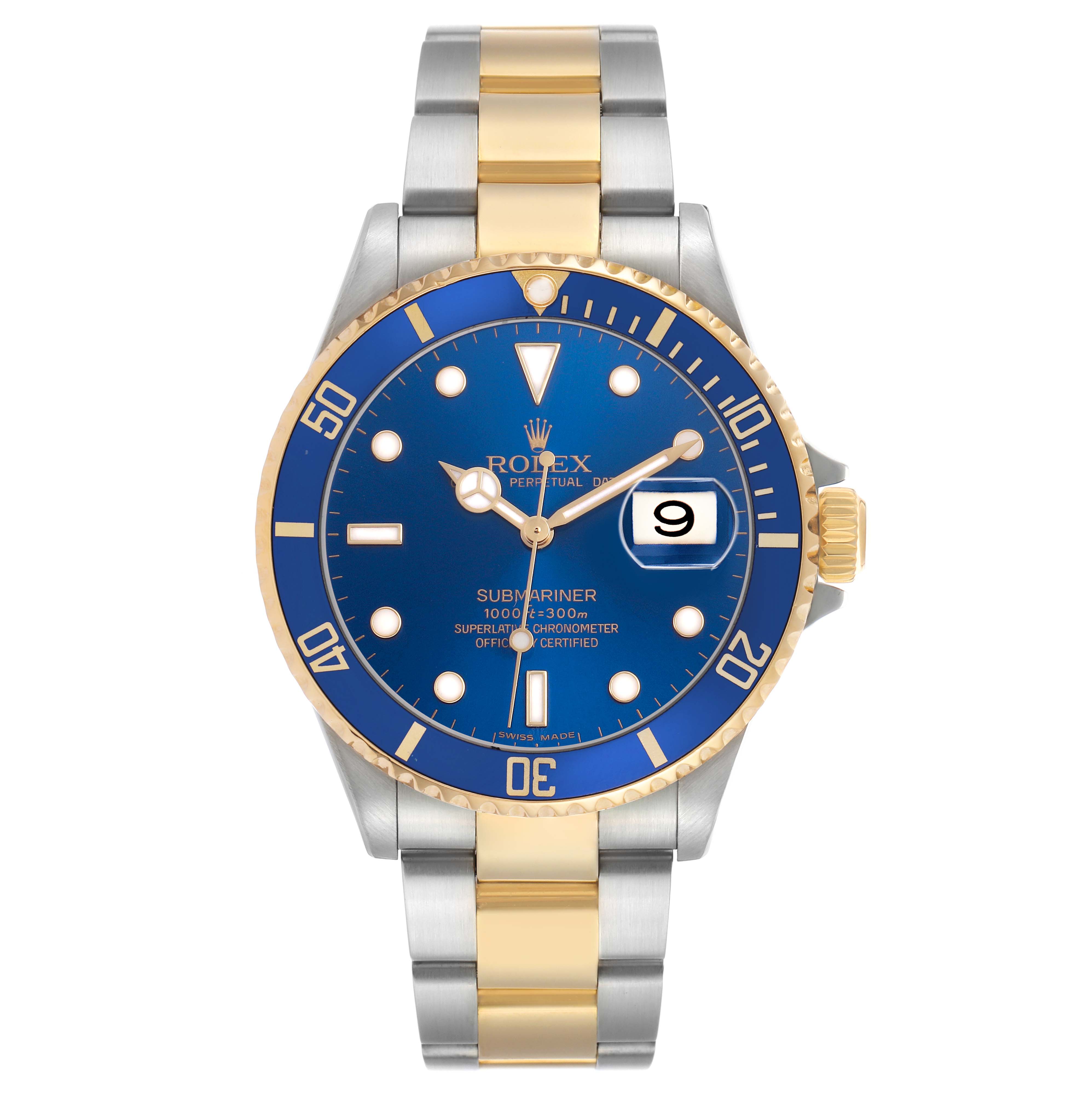 The Rolex Submariner 16613 Men's Steel and Gold (two tone) Blue Dial watch is shown from a front angle, displaying its blue and gold bezel, dial, and two-tone metal bracelet.