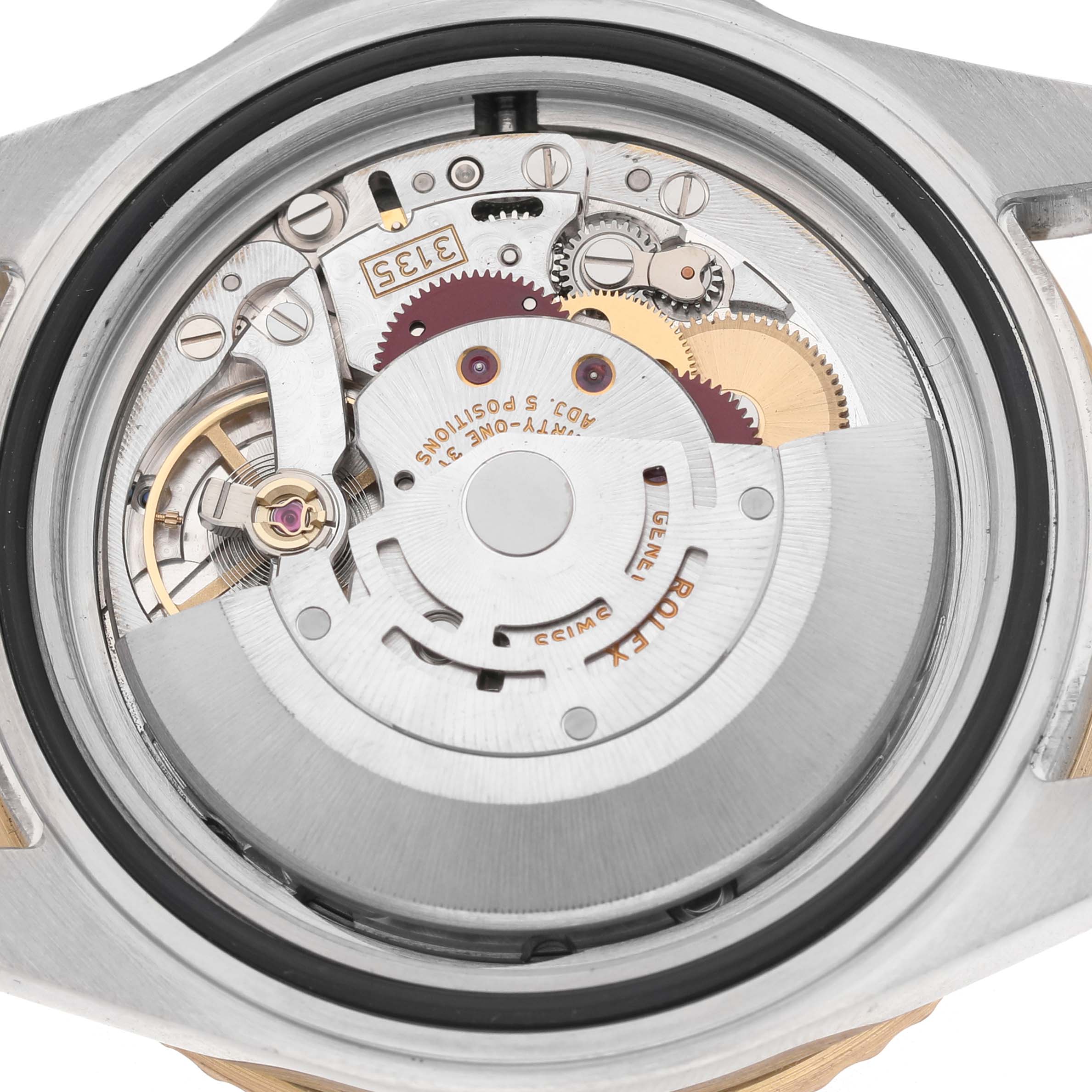 The image shows the back view of a Rolex Submariner 16613 Men's Steel and Gold (two tone) Blue Dial, showcasing its internal movement mechanism.
