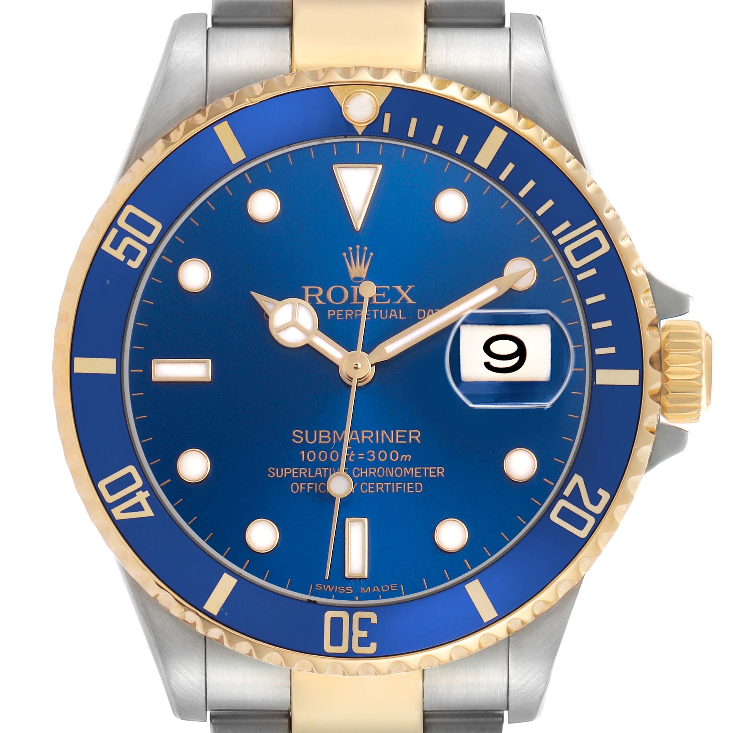 The Rolex Submariner 16613 Men's Steel and Gold (two tone) Blue Dial watch is shown from a front angle, displaying the bezel, dial, crown, and part of the bracelet.
