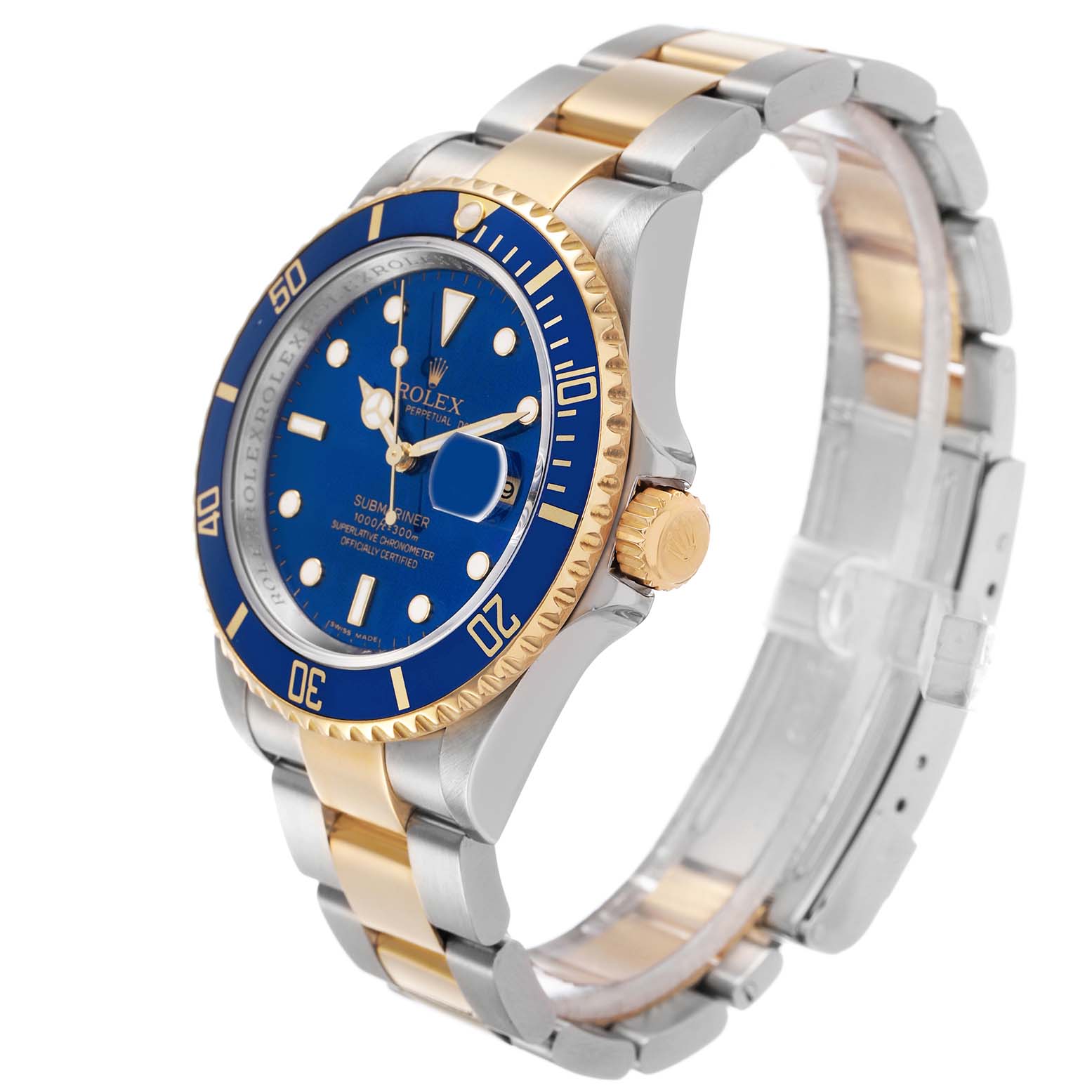 The Rolex Submariner 16613 Men's Steel and Gold (two tone) Blue Dial watch is shown at a diagonal angle, highlighting its blue bezel, dial, and two-tone bracelet.