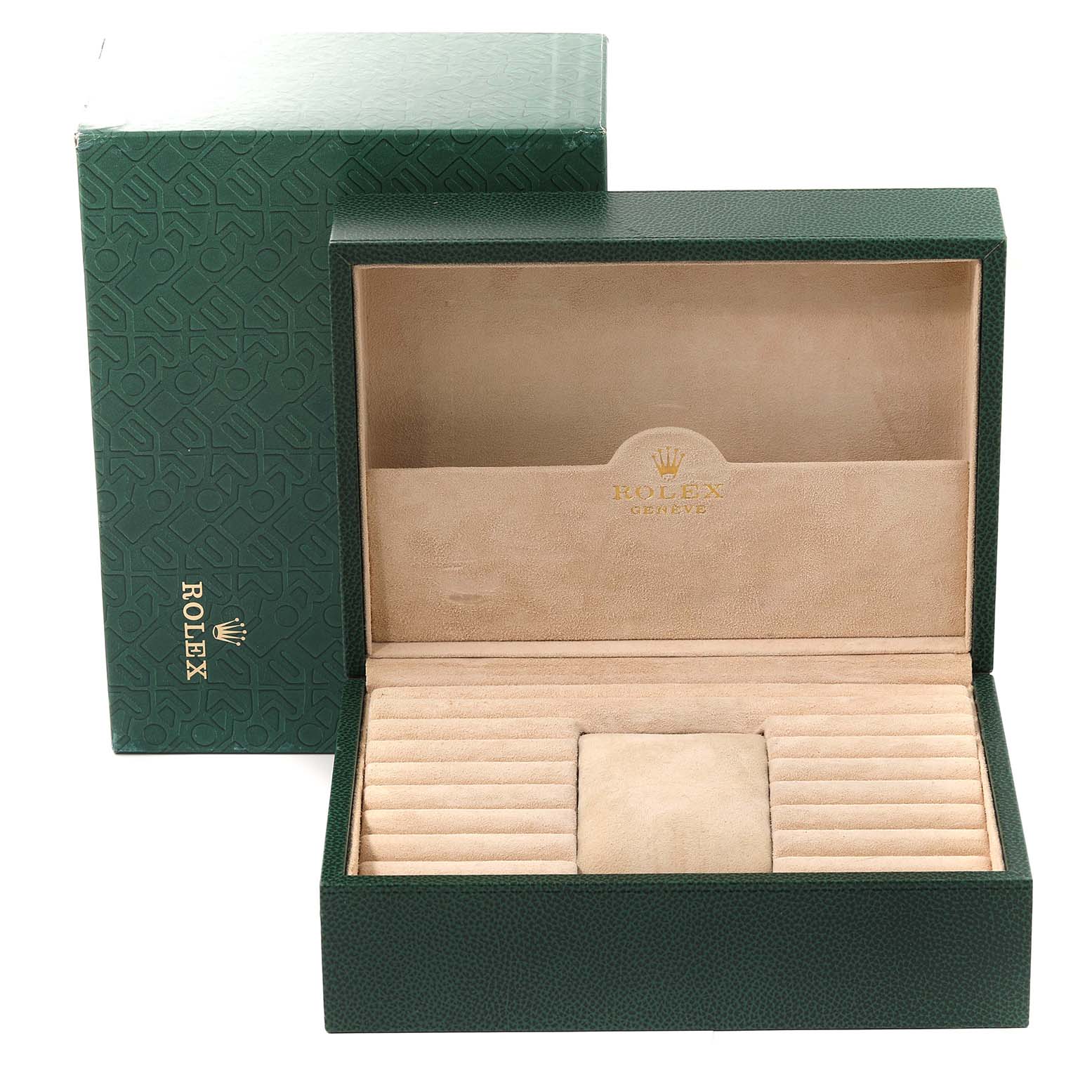 This image shows an open Rolex Submariner 16618 Men's Yellow Gold Blue Dial 16618 Men's Yellow Gold Blue Dial watch box and its outer packaging from a front angle.