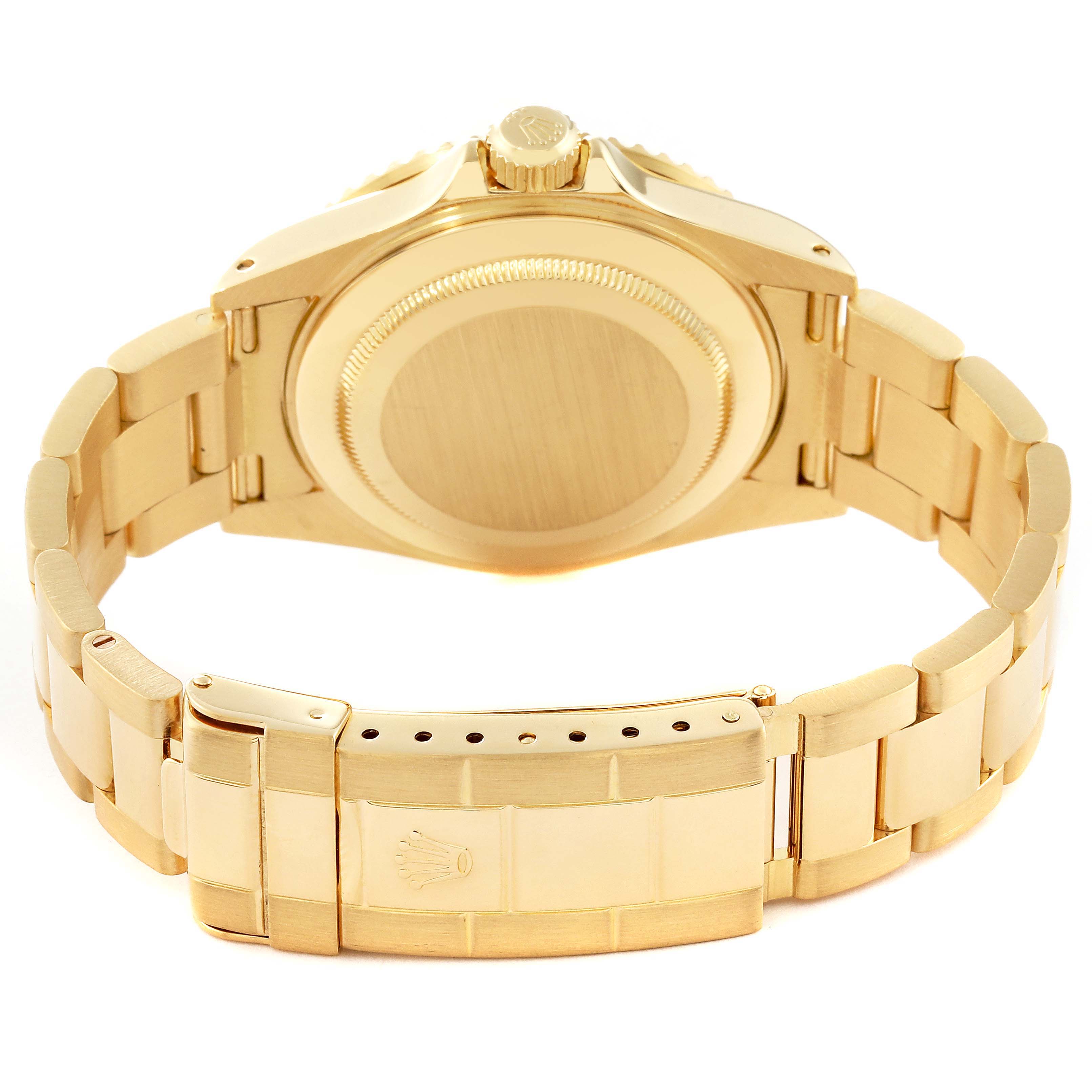 This image shows the back case and bracelet of a Rolex Submariner 16618 Men's Yellow Gold Blue Dial 16618 Men's Yellow Gold Blue Dial watch, focusing on the clasp and underside.