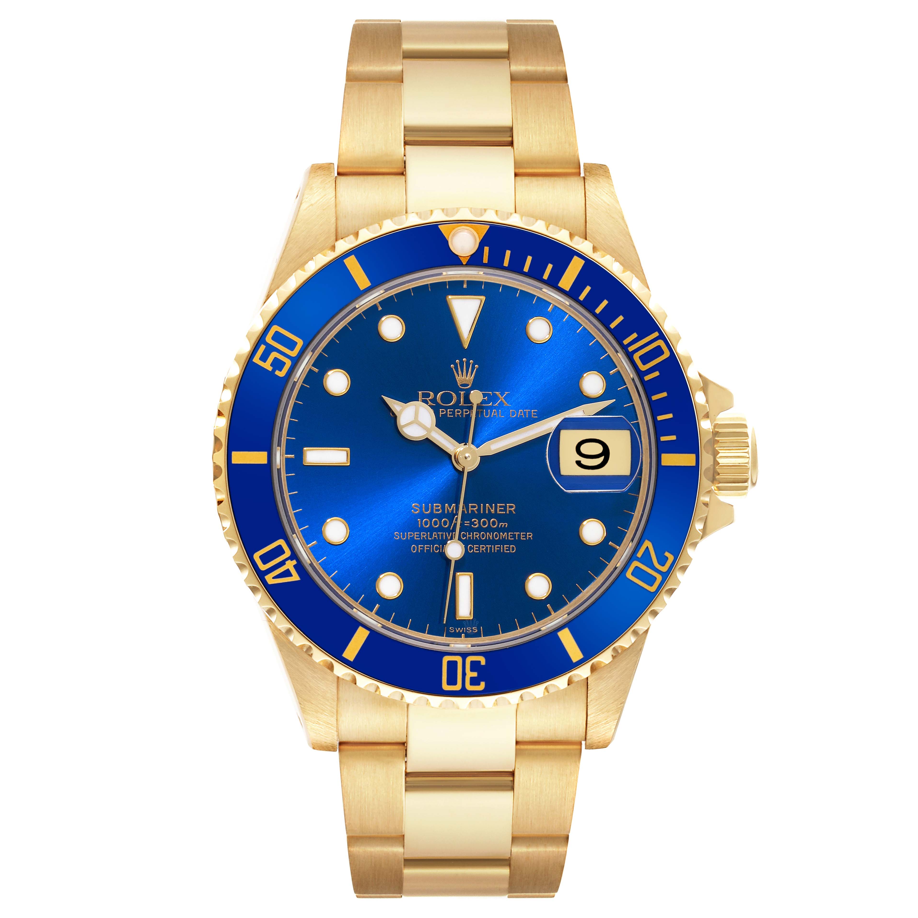 This image shows a front view of the Rolex Submariner 16618 Men's Yellow Gold Blue Dial 16618 Men's Yellow Gold Blue Dial watch with a blue dial and gold bracelet.