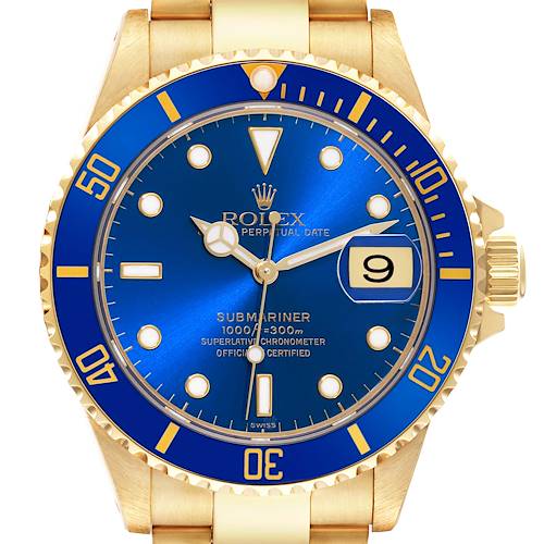 This image shows a front view of a Rolex Submariner watch with a blue dial and bezel on a gold bracelet.