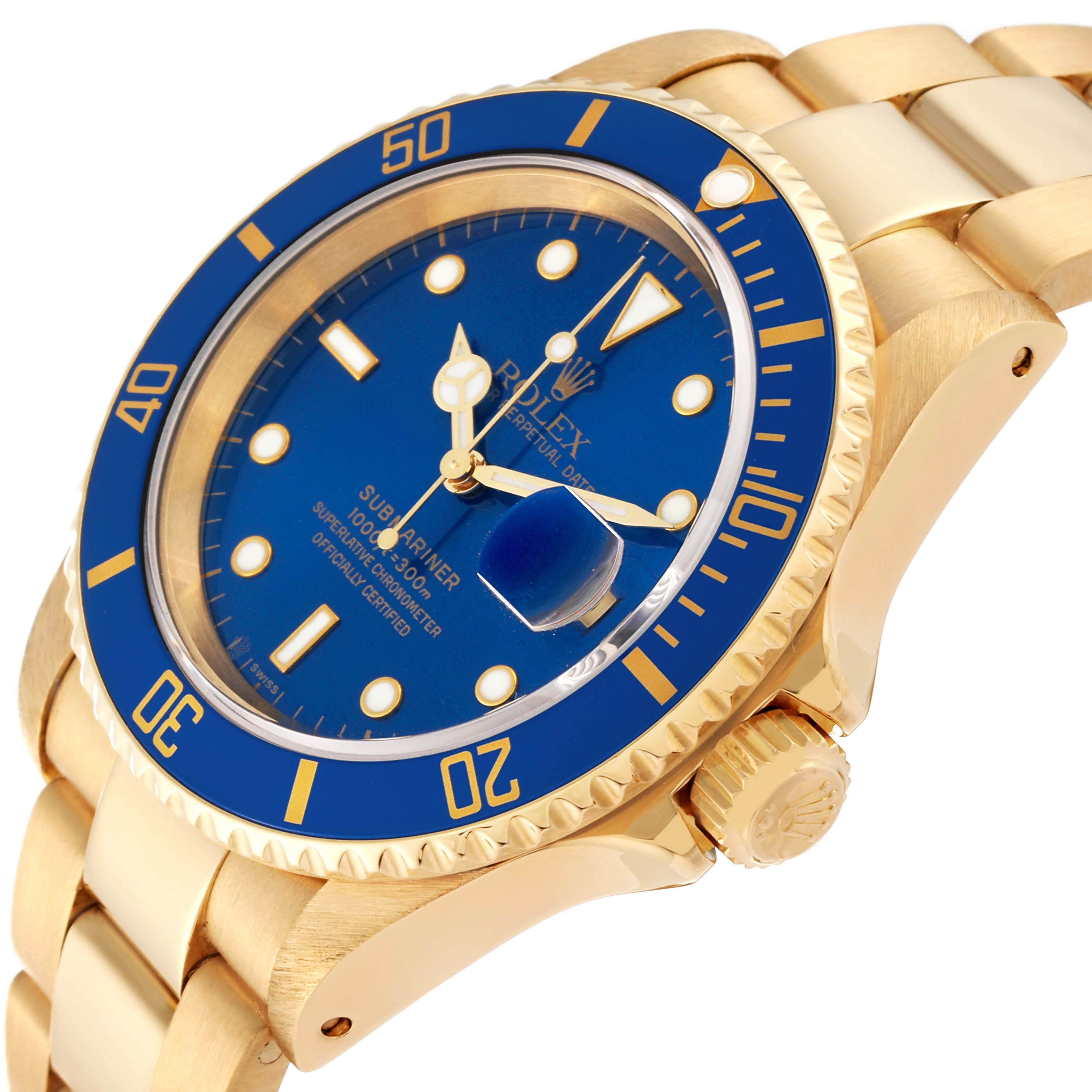 This image shows a close-up of a Rolex Submariner 16618 Men's Yellow Gold Blue Dial 16618 Men's Yellow Gold Blue Dial watch, highlighting its blue dial, gold bezel, and bracelet from an angled view.
