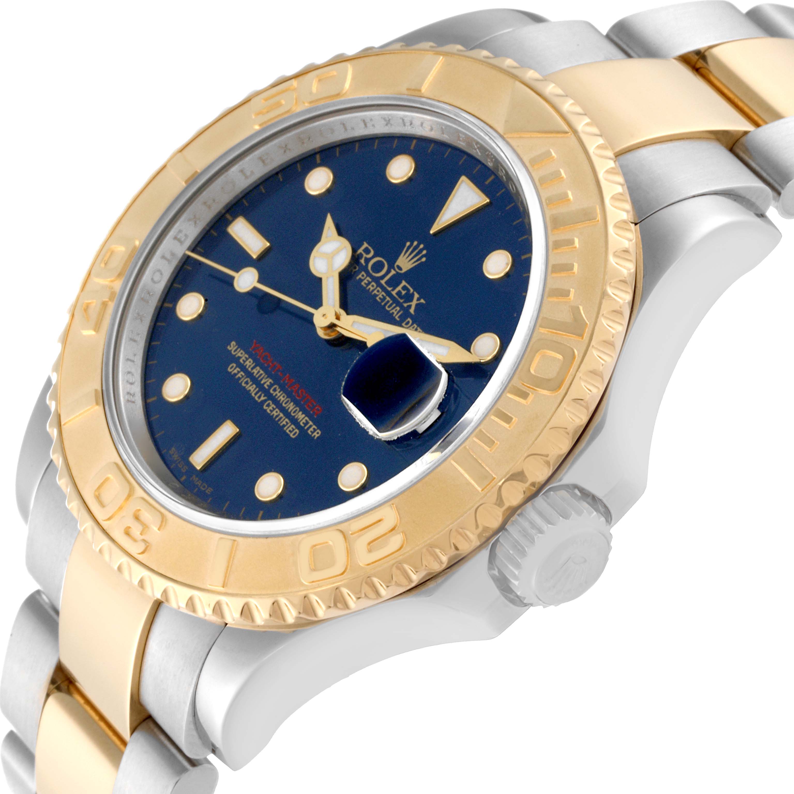 This image shows a close-up angle of a Rolex Yacht-Master 16623 Men's Steel and Gold (two tone) Blue Dial 16623 Men's Steel and Gold (two tone) Blue Dial watch, highlighting the dial, bezel, and part of the bracelet.