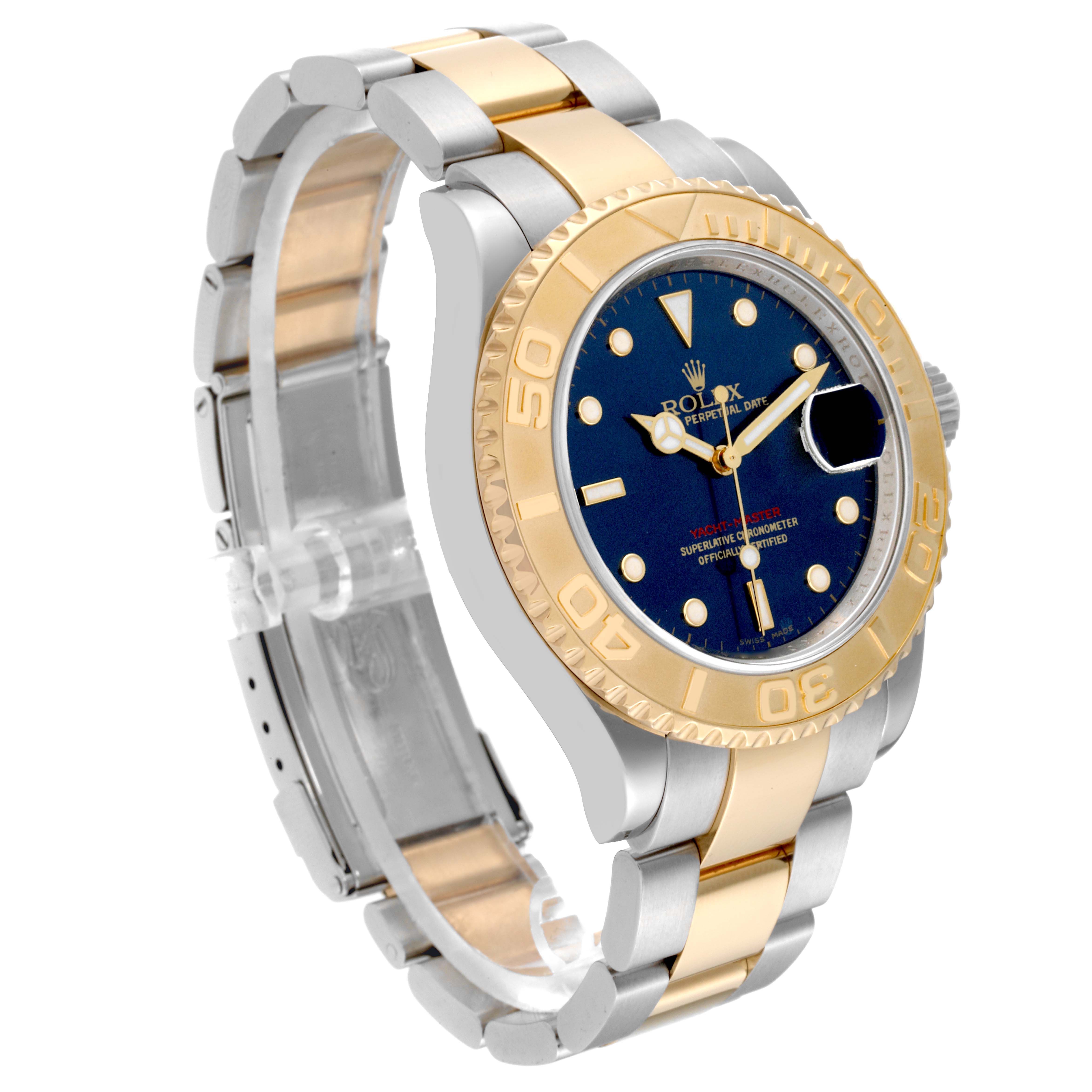 The image shows a side angle of the Rolex Yacht-Master 16623 Men's Steel and Gold (two tone) Blue Dial 16623 Men's Steel and Gold (two tone) Blue Dial watch, highlighting its bracelet, bezel, and dial.