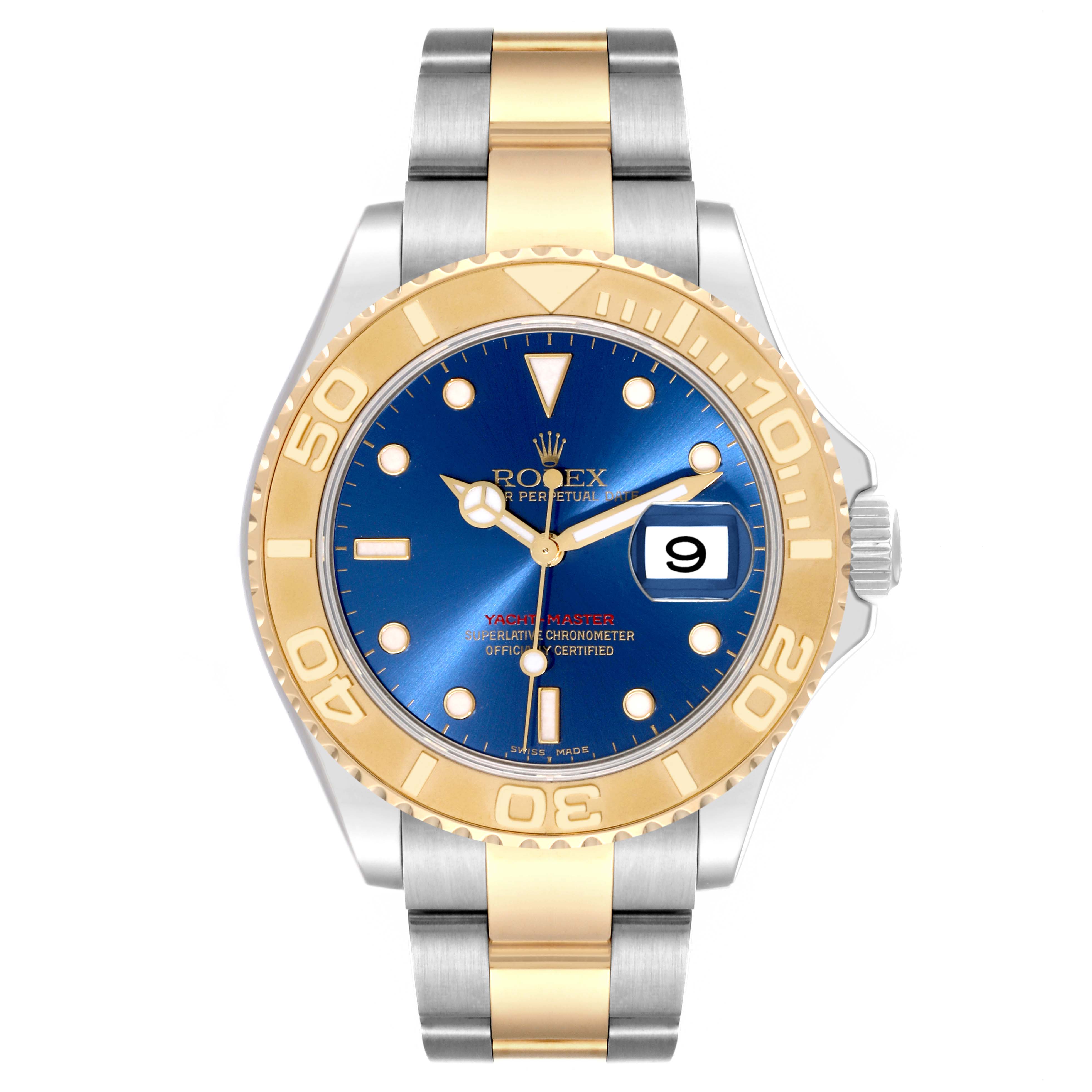 The image shows a front view of a Rolex Yacht-Master 16623 Men's Steel and Gold (two tone) Blue Dial 16623 Men's Steel and Gold (two tone) Blue Dial watch, highlighting its blue dial, gold bezel, and two-tone metal bracelet.