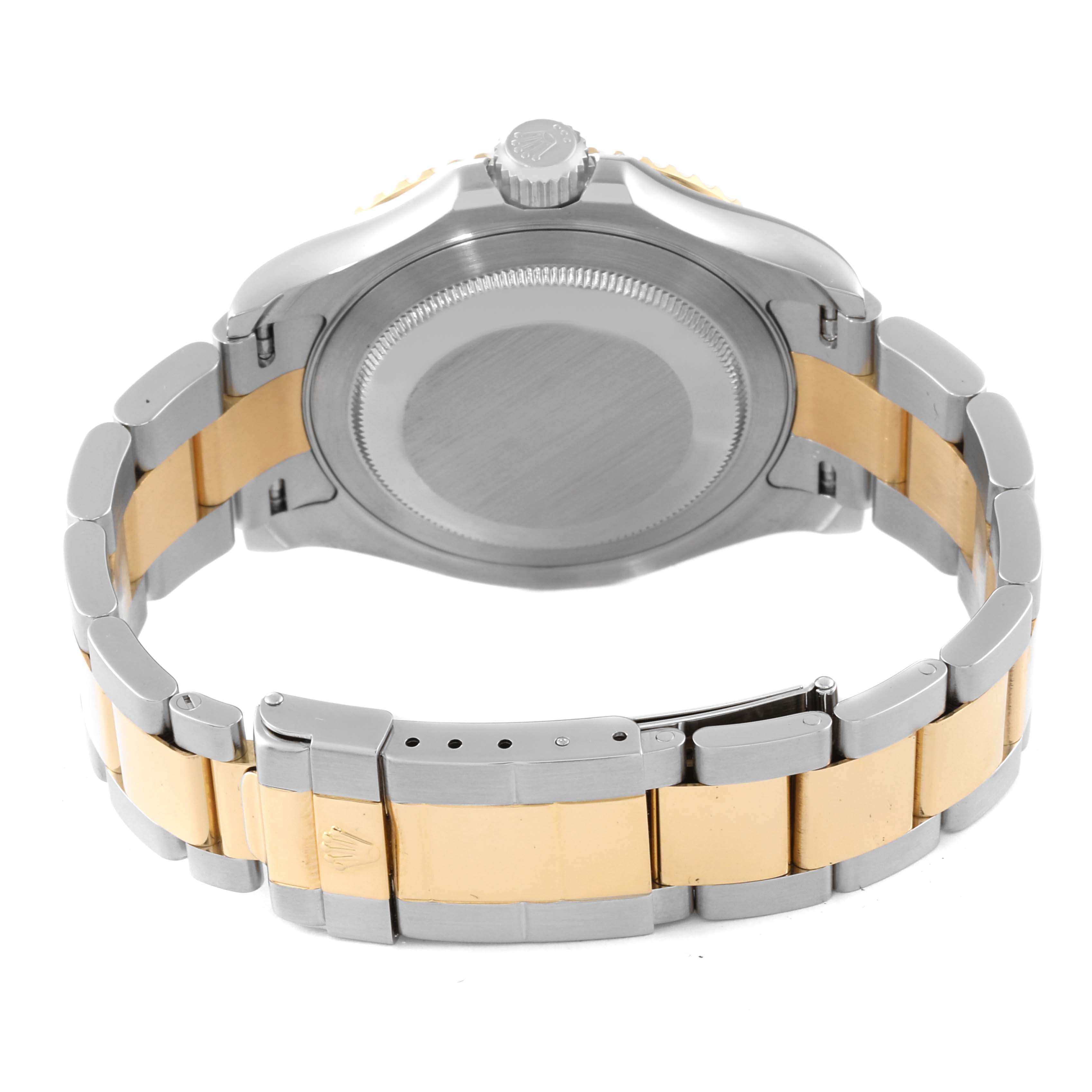 The image shows the back and bracelet of a Rolex Yacht-Master 16623 Men's Steel and Gold (two tone) Blue Dial 16623 Men's Steel and Gold (two tone) Blue Dial watch at an angle, highlighting the clasp and case back.