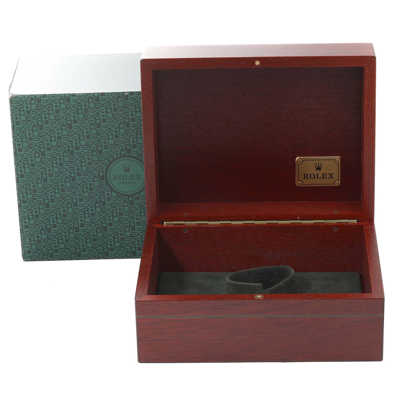 The image shows an open Rolex Yacht-Master 16623 Men's Steel and Gold (two tone) Blue Dial 16623 Men's Steel and Gold (two tone) Blue Dial wooden watch box with a Rolex-branded label inside, alongside its outer packaging.