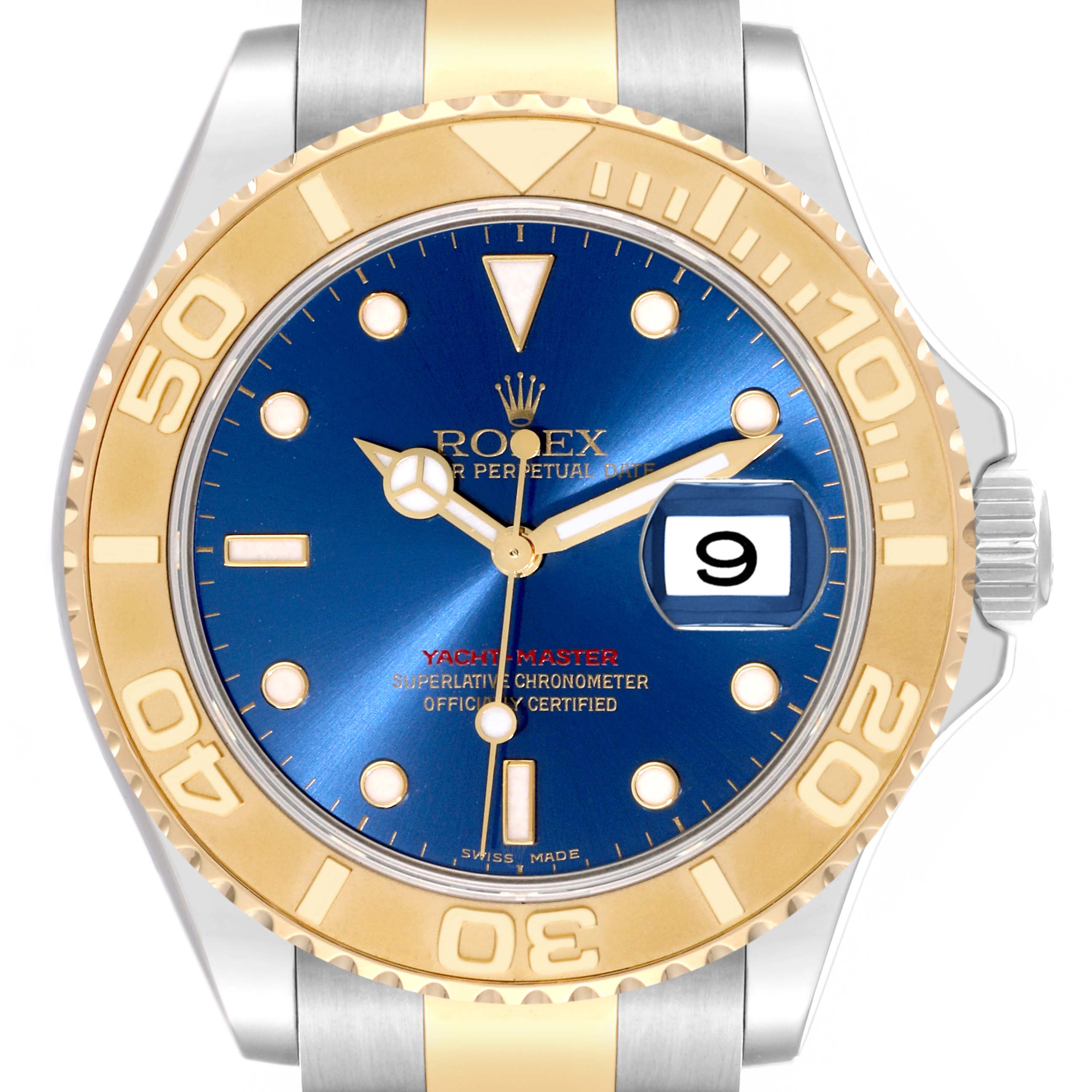 The Rolex Yacht-Master 16623 Men's Steel and Gold (two tone) Blue Dial 16623 Men's Steel and Gold (two tone) Blue Dial watch is shown from a front angle, highlighting its dial, bezel, crown, and part of its bracelet.