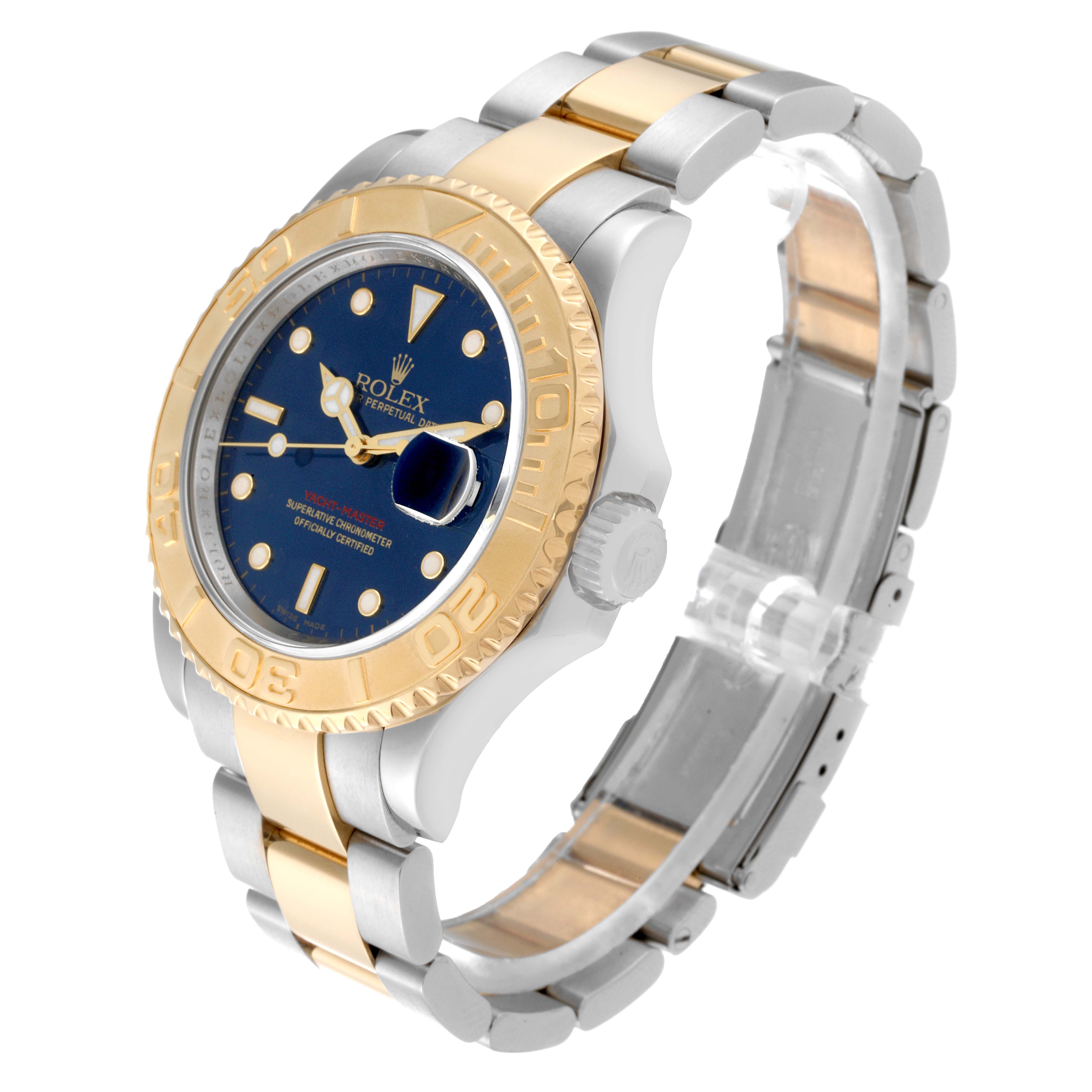 The Rolex Yacht-Master 16623 Men's Steel and Gold (two tone) Blue Dial 16623 Men's Steel and Gold (two tone) Blue Dial watch is shown at an angled side view, highlighting its blue dial, gold bezel, and two-tone bracelet.